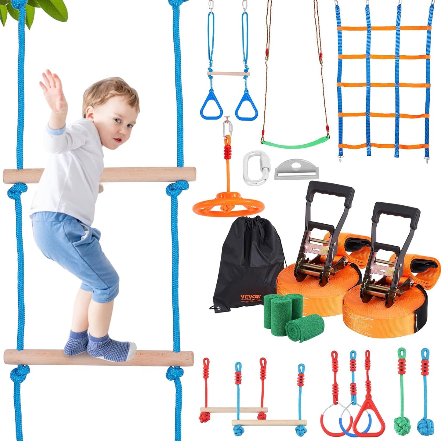 VEVOR Ninja Warrior Obstacle Course for Kids, 2 x 50 ft Weatherproof Slacklines, 500lbs Weight Capacity Monkey Line, Outdoor Playset Equipment, Backyard Toys Training Equipment Set with 12 Obstacles