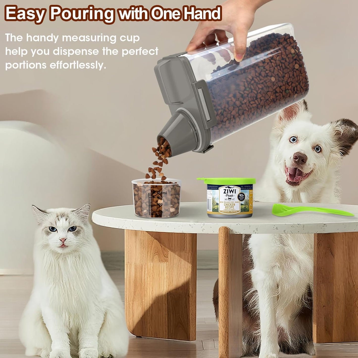 TBMax Small Dog Food Storage Container 3 Qt with Cat Food Can Cover and Mixing Spoon, Portable Travel Pet Food Dispenser with Large Spout and Cup