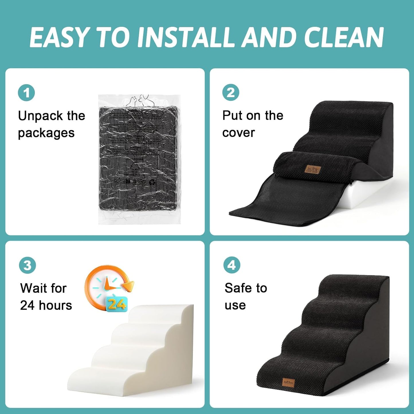 Dog Stairs for Small Dogs 19.7" H, Curved Dog Step for Puppy, Older or Cat, Medium Pet Ramp for Sofa, Couch or Bed, Ladder with High Density Foam, 15.7x28.3x19.7 inch, 4 Step, Black