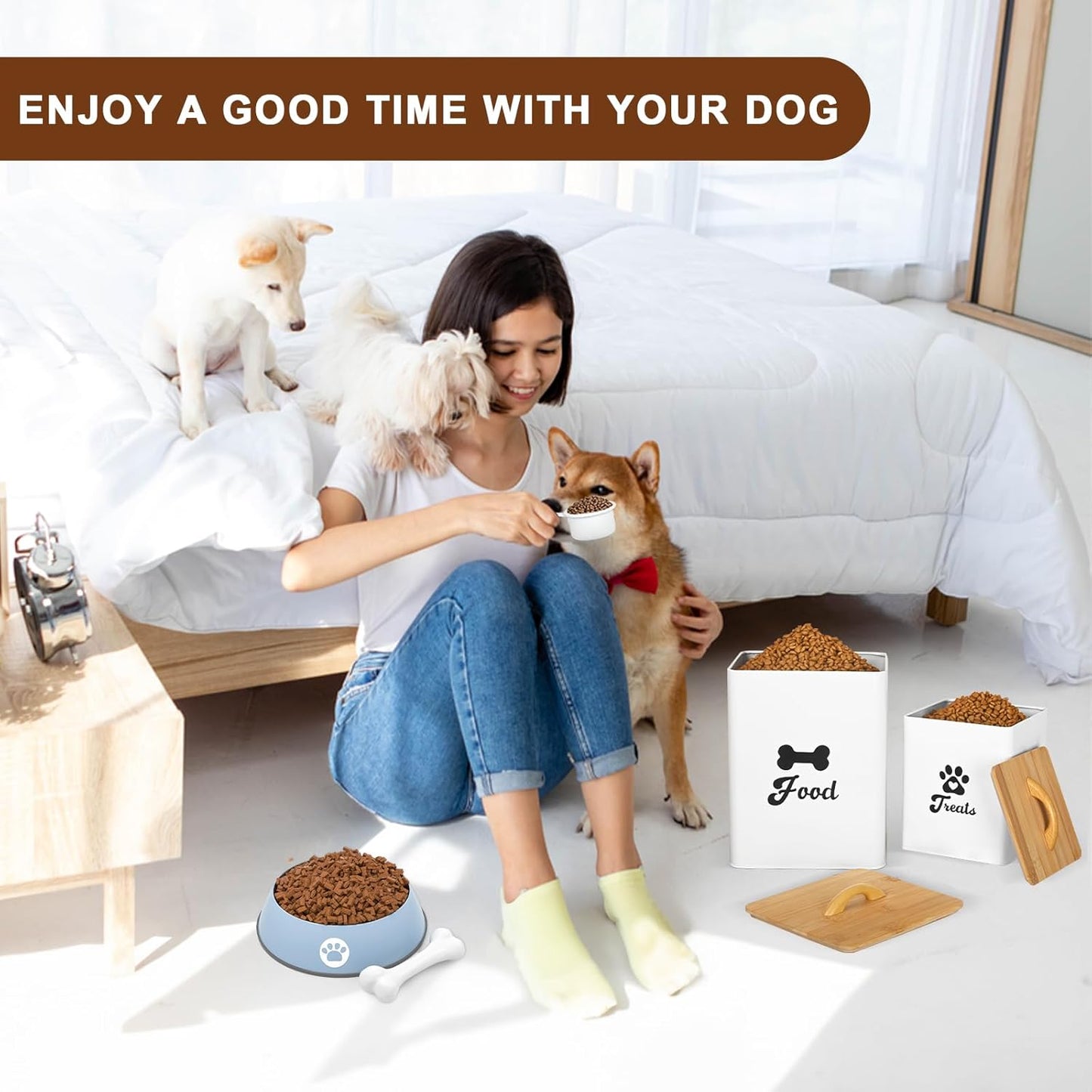 Dog Treat Container 2PCS, Dog Food Storage Container with Lids Airtight, Dog Treat Jars for Kitchen Counter-7+3Lbs, Small Dog Cookie Jar for Storage, (Upgraded) White