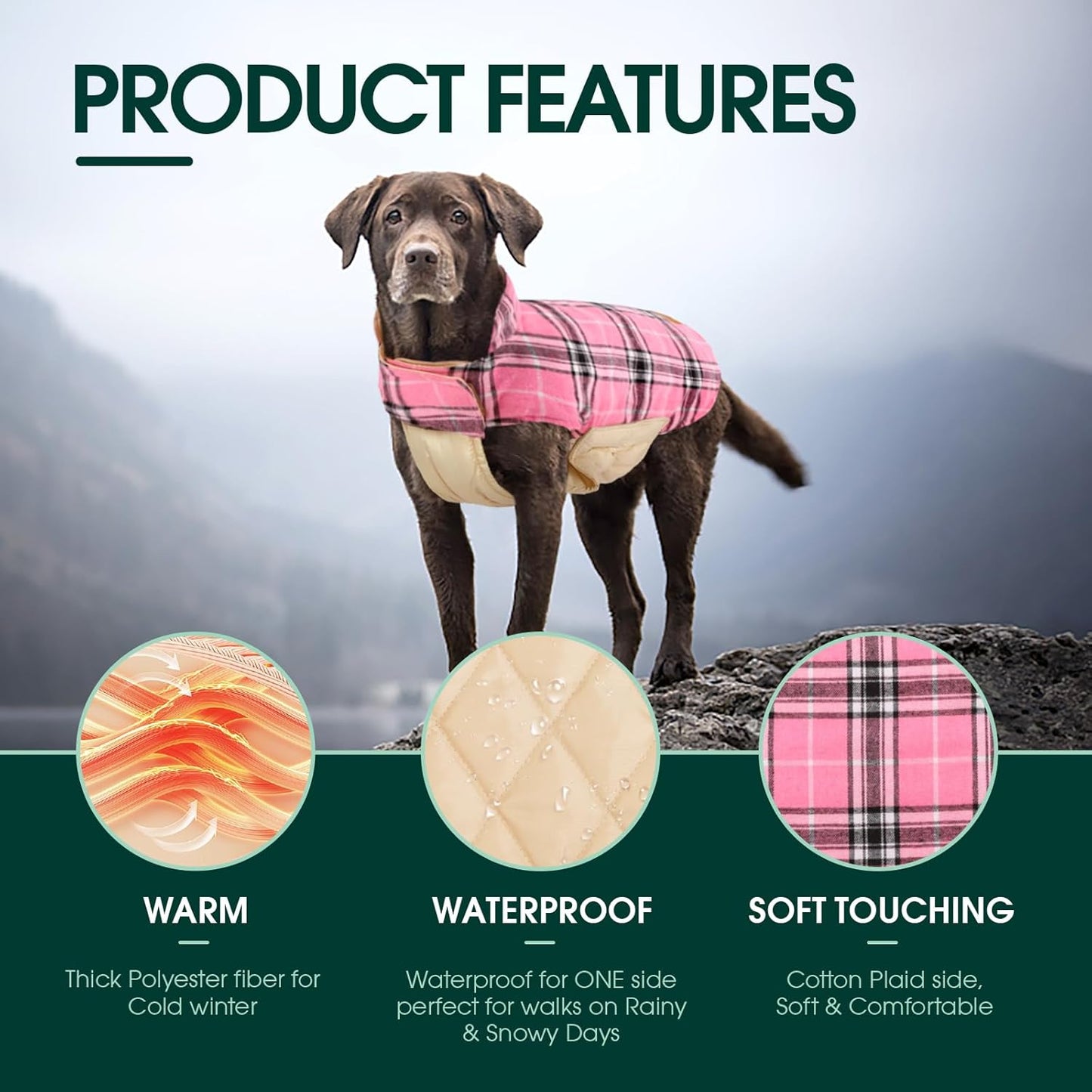 Kuoser Warm Dog Coat, Waterproof Dog Coats for X-Small Dogs, Adjustable Durable Doggie Winter Jacket Reversible Cozy Puppy Cold Weather Apparel from Small to Large Breed, Pink XS