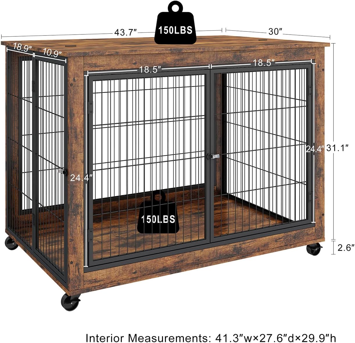 IchbinGo Dog Crate Furniture, Wooden Dog Crate Table, 43.7" Dog Kennel with 3 Doors, Flip-up Top Opening and Wheels, Decorative Pet Crate House for Large/Medium/Small Dog Indoor Use (Rustic Brown)