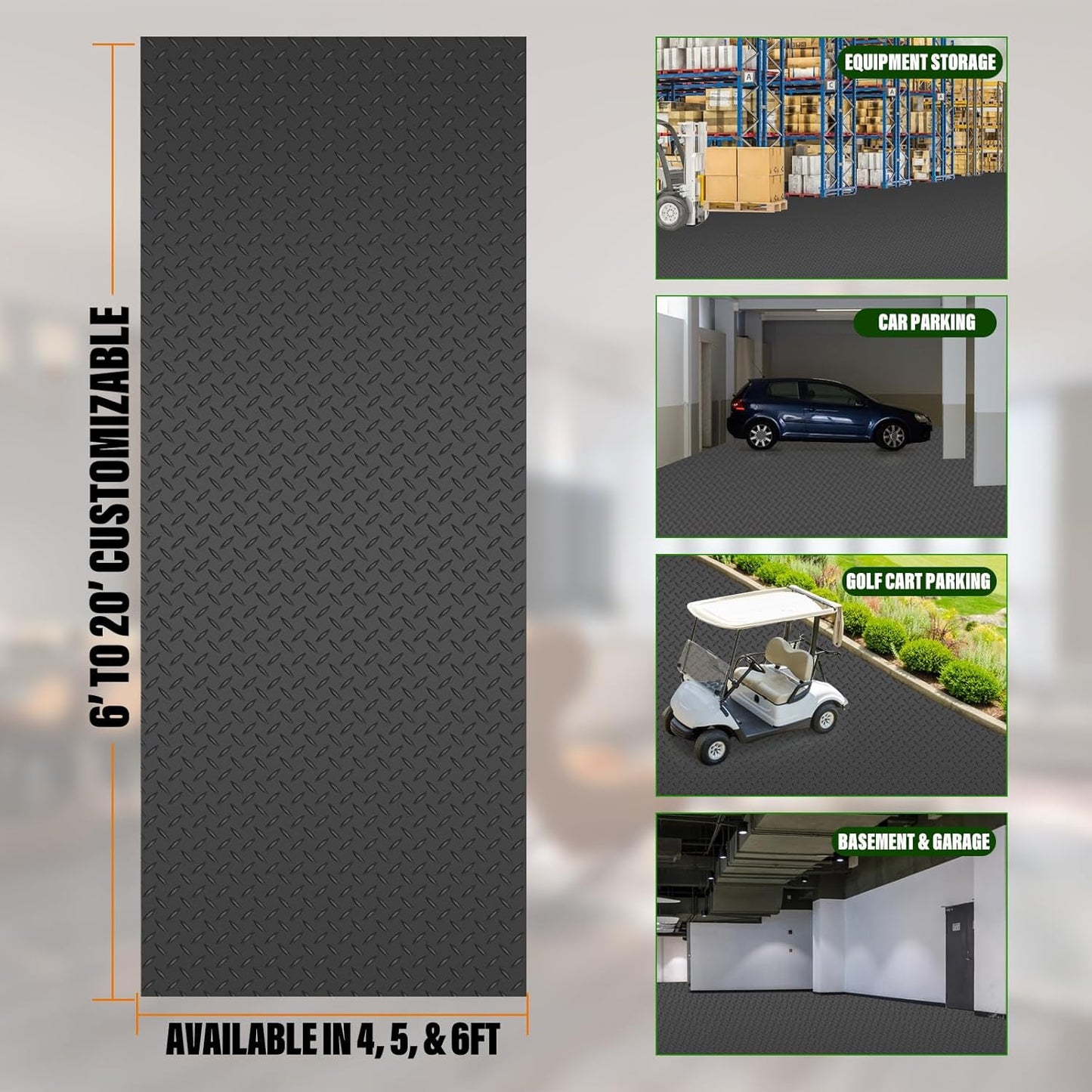 SEAL 5 x 10 Ft Premium Garage Floor Mat, Solid 2.8mm Thickened Black Commercial Grade Heavy Duty Parking Mat for Garage Floor, Golf Cart, Water/Stain Resistant Floor Runner (Embossed Diamond Plate)