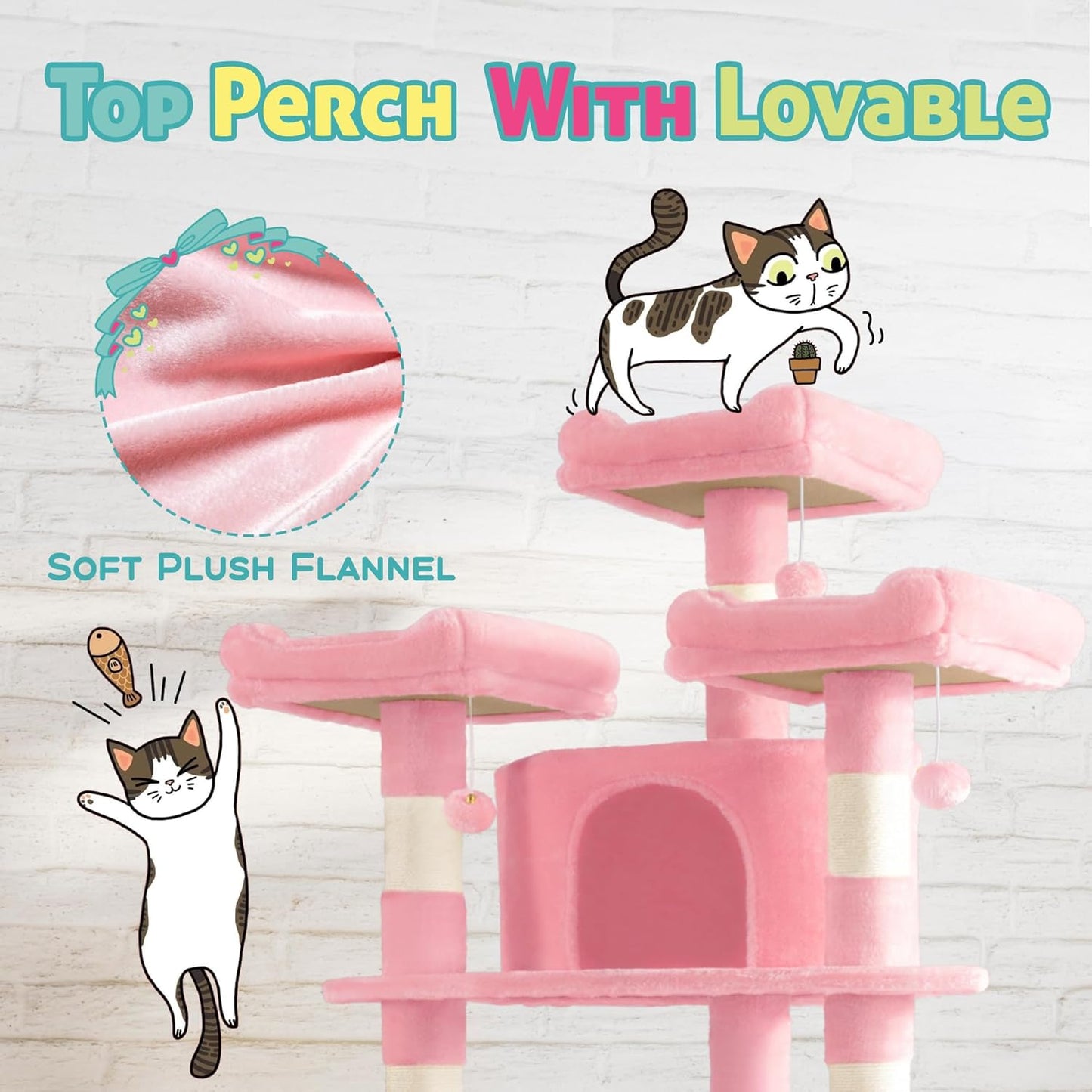 SHA CERLIN 73in Fan-Shaped Corner Cat Tower for Save Space/Multi-Level Tall Cat Tree for Indoor Kitties/Condo with Baskets/Cozy Perches/Sisal Scratching Posts/Pet Activity House/Pink