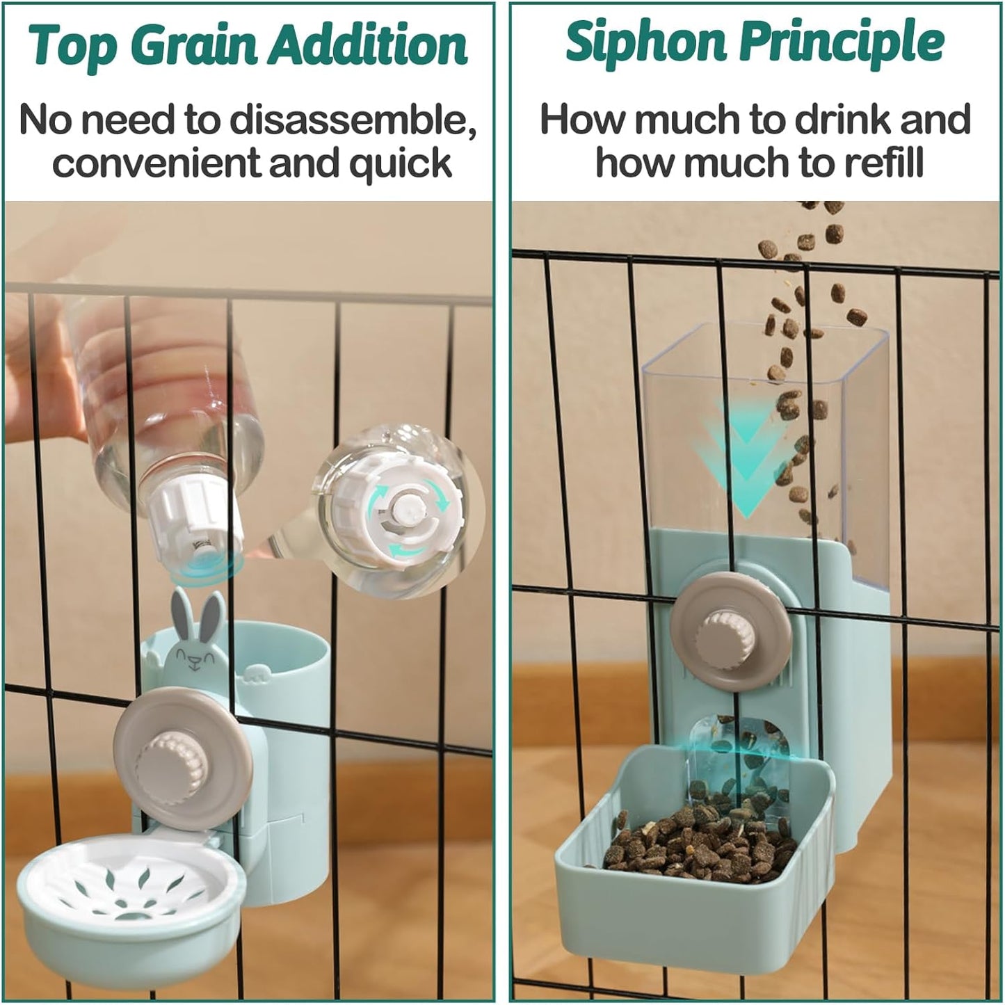 kathson Hanging Automatic Rabbit Pet Food and Water Dispenser, Auto Gravity Bunny Feeders for Cages, Detachable Self-Feeding Feeder and Waterer Set for Ferrets Chinchilla Hedgehog (Light Blue)