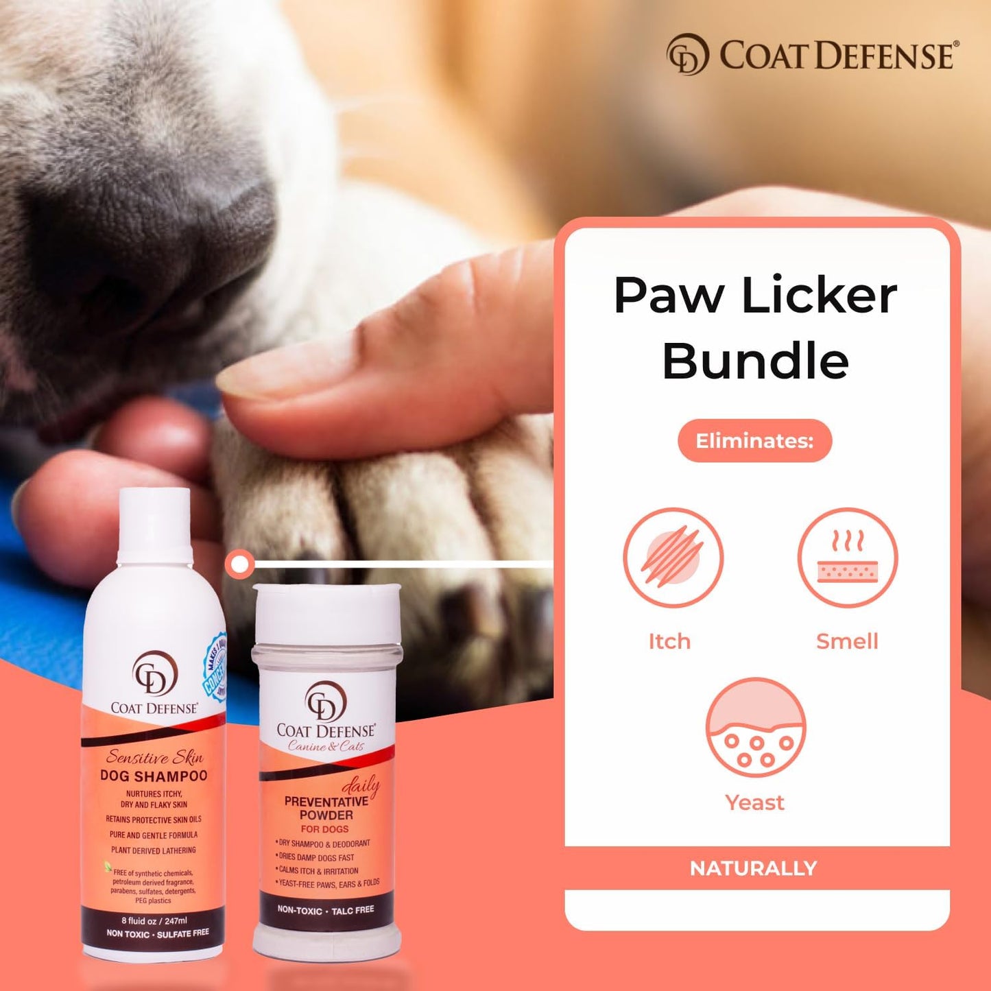 COAT DEFENSE Paw Licker Bundle | Dry Powder for Dogs & Sensitive Skin Dog Shampoo for Allergies and Itching | Smell & Itch Relief | Itchy Skin Relief & Yeast Dog Treatment