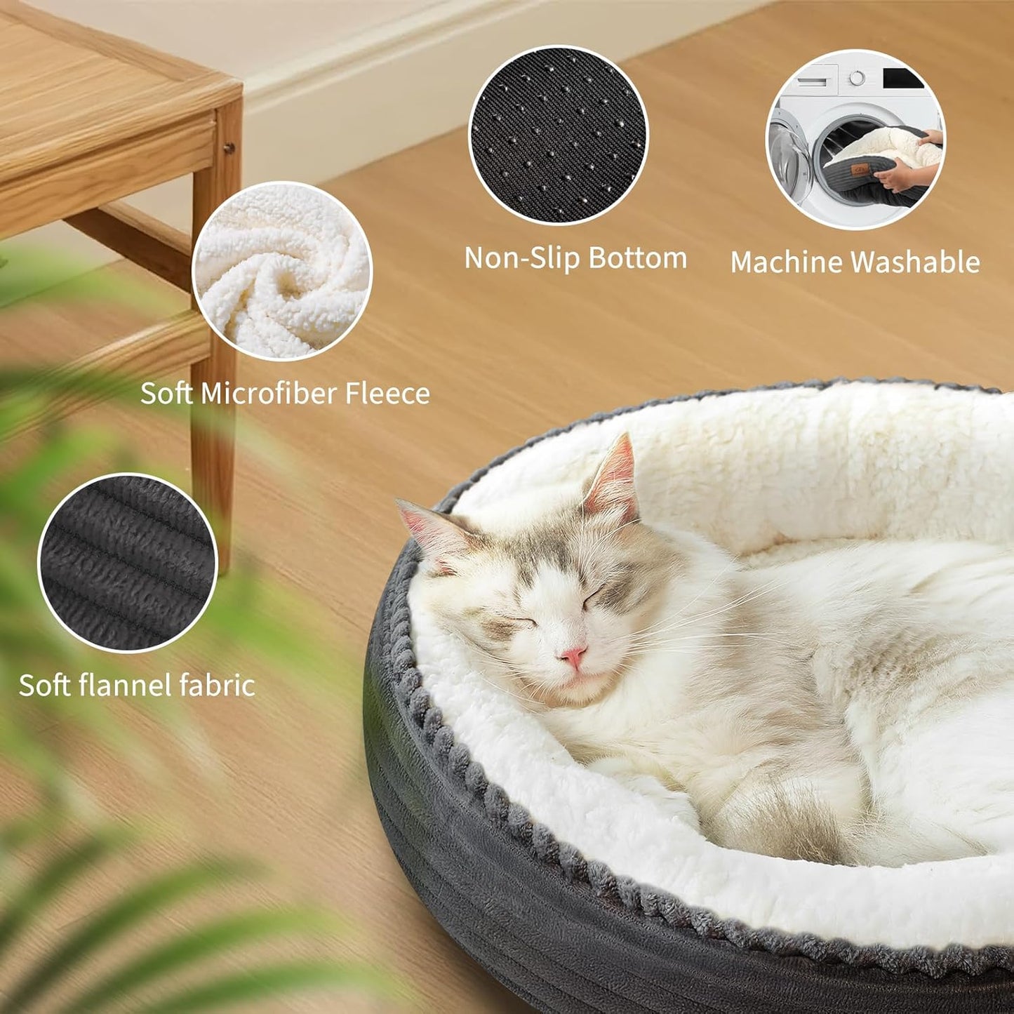 23in Round Cat Dog Bed for Large Medium Small Dogs Cats, Machine Washable Sleeping Sofa, Non-Slip Bottom Breathable Soft Calming Pet Cuddler for Indoor/Outdoor/Car/Cage, Dark Grey