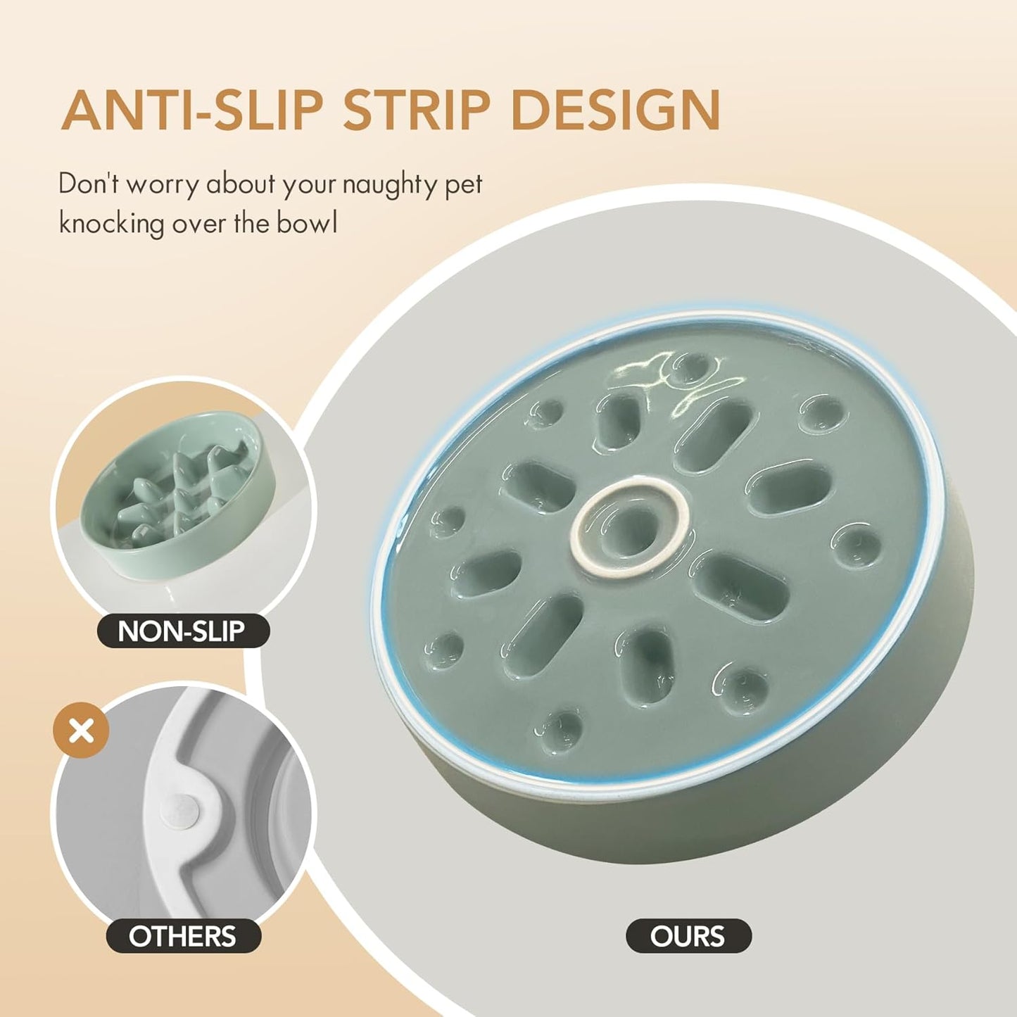 Ceramic Raised Slow Feeder Dog Bowl Set, Elevated 6.1inch Bowl and 7.3inch Slow Pet Food Dish with Wooden Stand for Small and Medium Dog (2 x Light Green+ Stand)