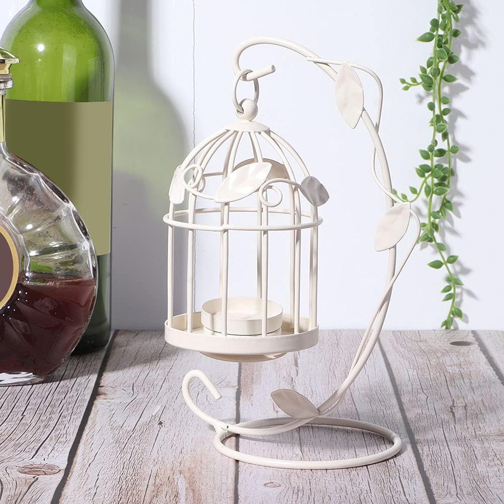 Birdcage Candle Holder, Hanging Candle Holder Decorative Bird Cages Bird Cage Decor Vintage Metal Candlestick for Wedding, Party(White)