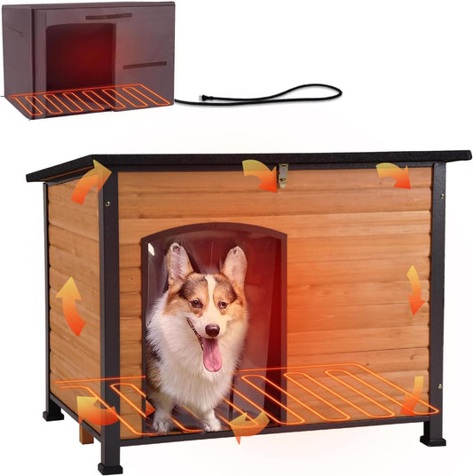 GUTINNEEN Heated Dog House Outdoor 35.5" Large Dog Kennel with Metal Frame Insulated Dog Crate Cage for Large Dogs Outside with Heater and Insulated Liner, Brown