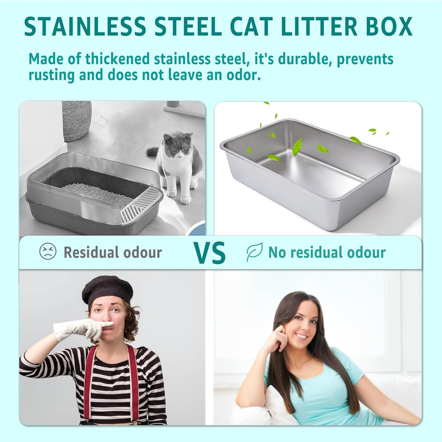 Stainless Steel Litter Box 2 Pack-XLarge Metal Litter Box-High Sided Cat LitterBox for Adult Big Cats, Stainless Steel Cat LitterBoxe 6IN Deep- Easy to Clean,Non Stick, No Smell
