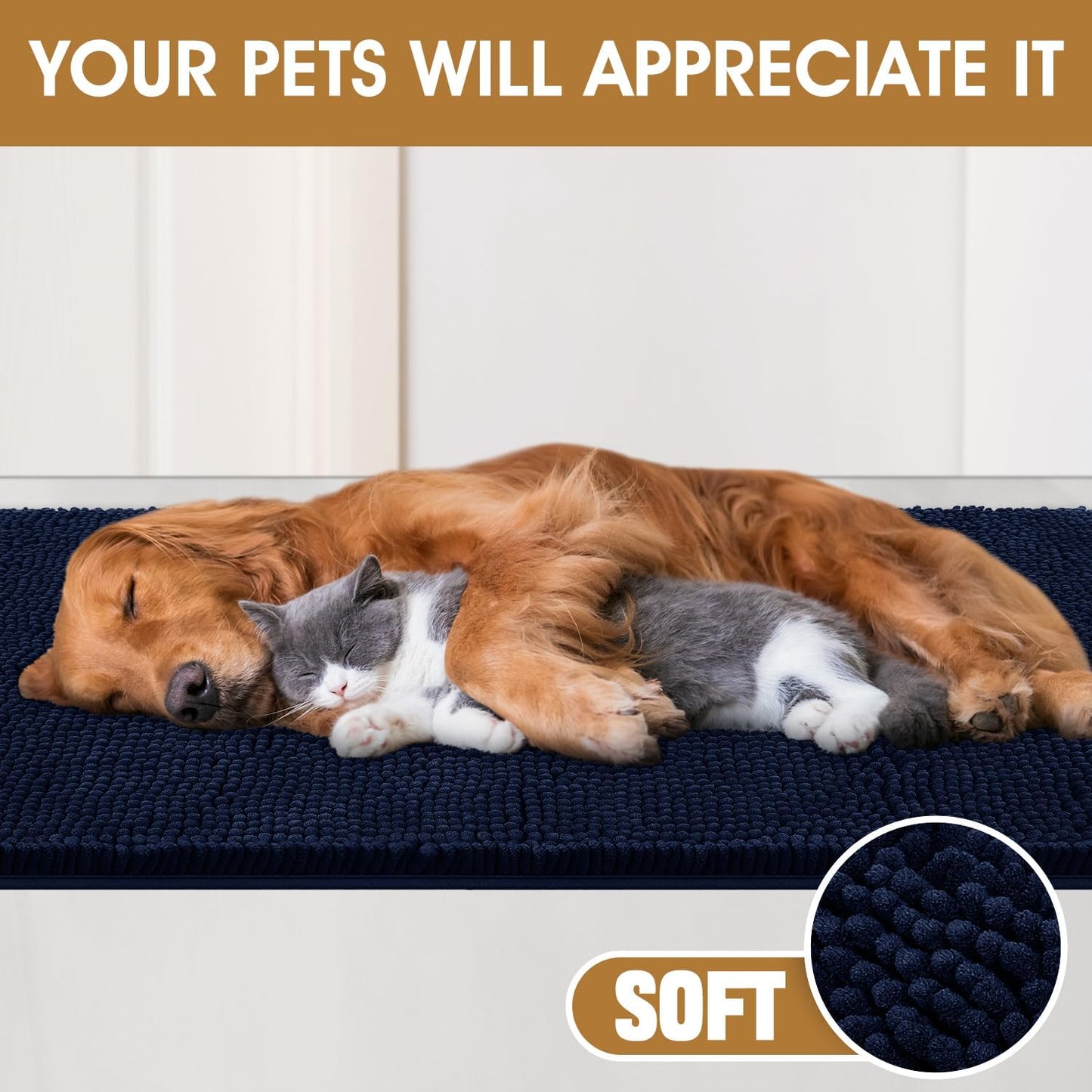 Dog Door Mats for Muddy Paws, Chenille Absorbent Door Mats, Non Slip Heavy Mud Mat for Dogs, Soft Indoor Door Mat for Entryway, Mud Paws, Inside Floor,36" X 24", Navy Blue