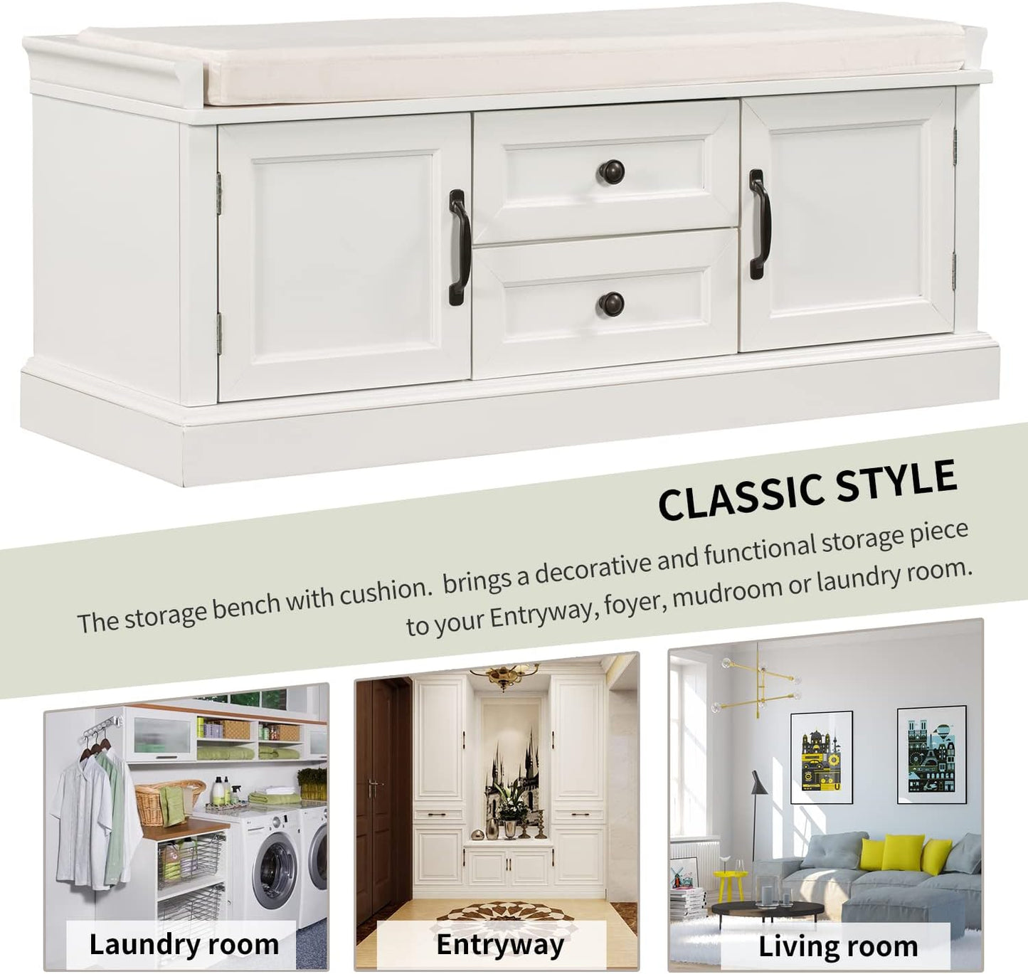 Storage Bench with 2 Drawers and 2 Cabinets, Pine Wood Shoe Bench with Removable Cushion for Living Room, Entryway 42.5" L x 15.9" W x 17.5" H (White)
