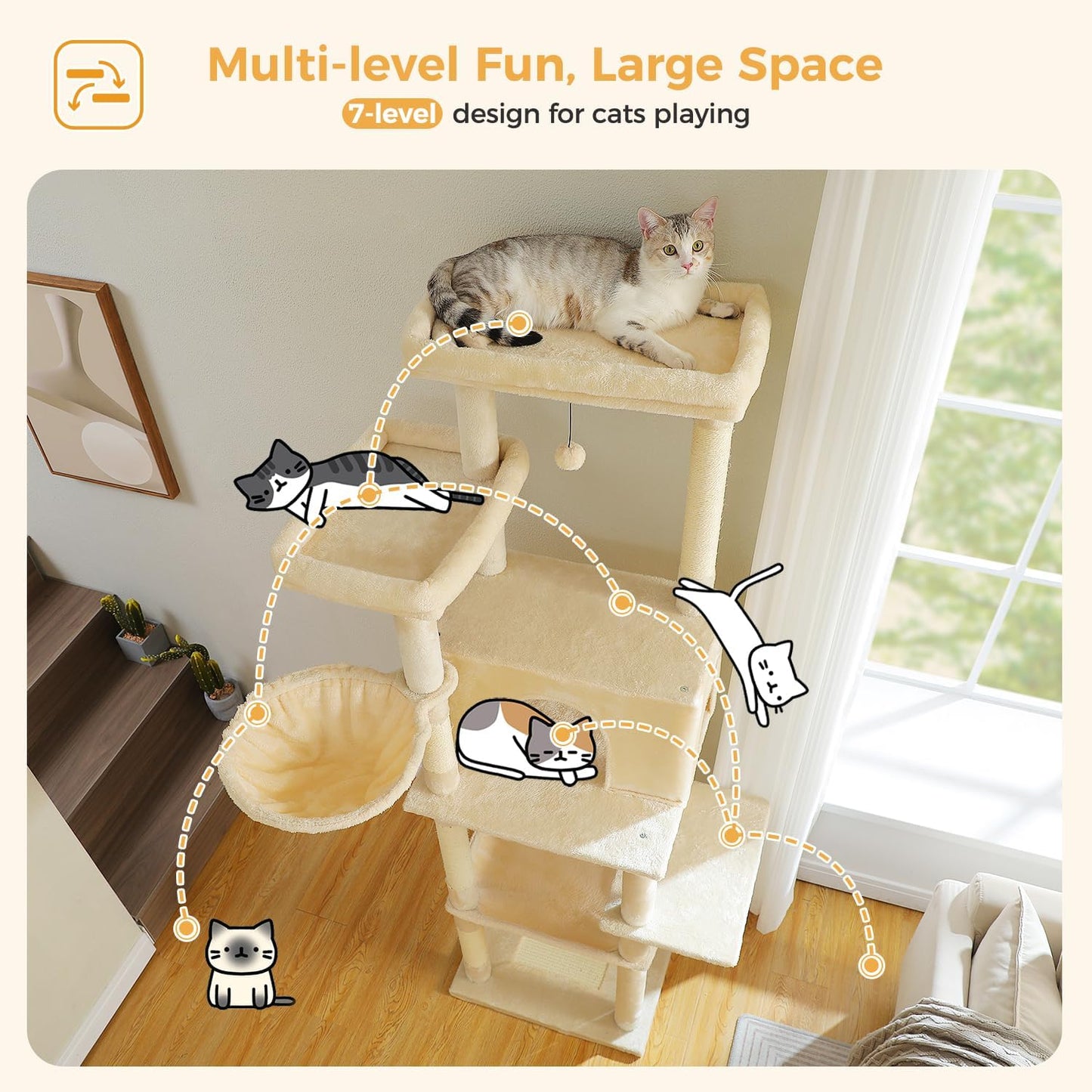 PAWZ Road Large Cat Tree, 73 Inches Tall Cat Tower with 1 Large Padded Perch,2 Spacious Hammocks,8 Long Scratching Posts, XL Plush Cat Condo for Indoor Adult Cats,Beige
