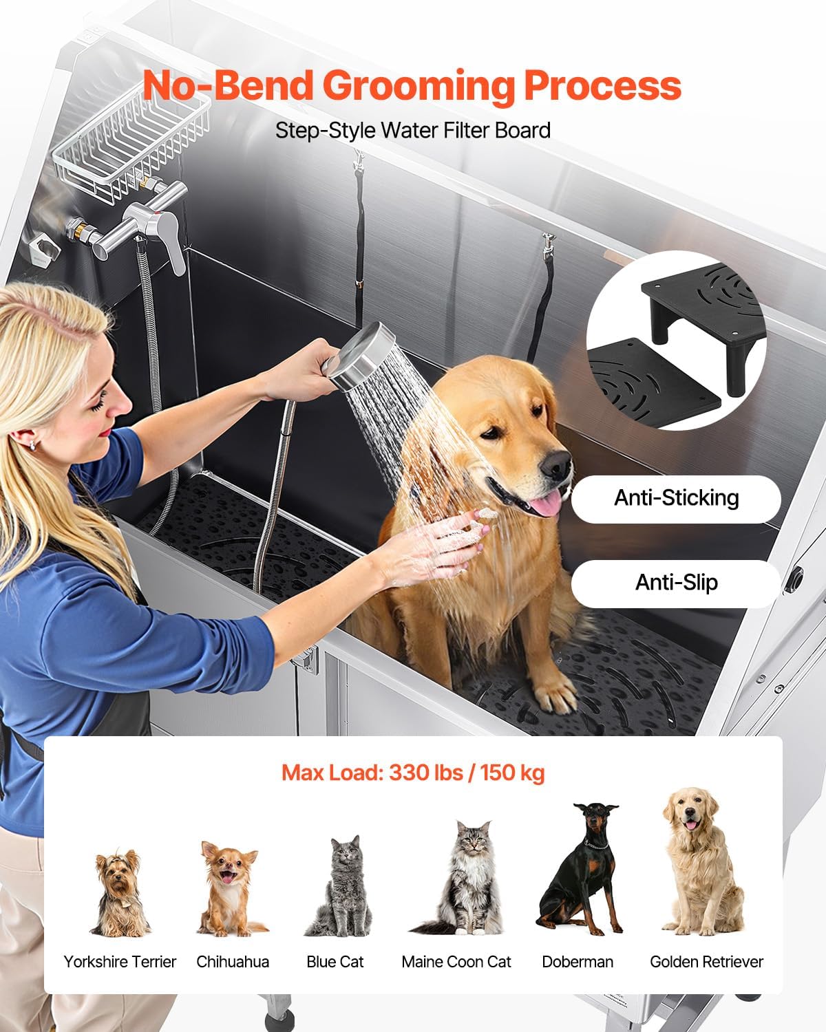 VEVOR Stainless Steel Dog Washing Station, 50 inch Pet Grooming Tub w/Ramp, PE Water Filter Board, Faucet & Showerhead & Soap Holder Dog Bathtub for Large & Medium & Small Pets (Left Door)