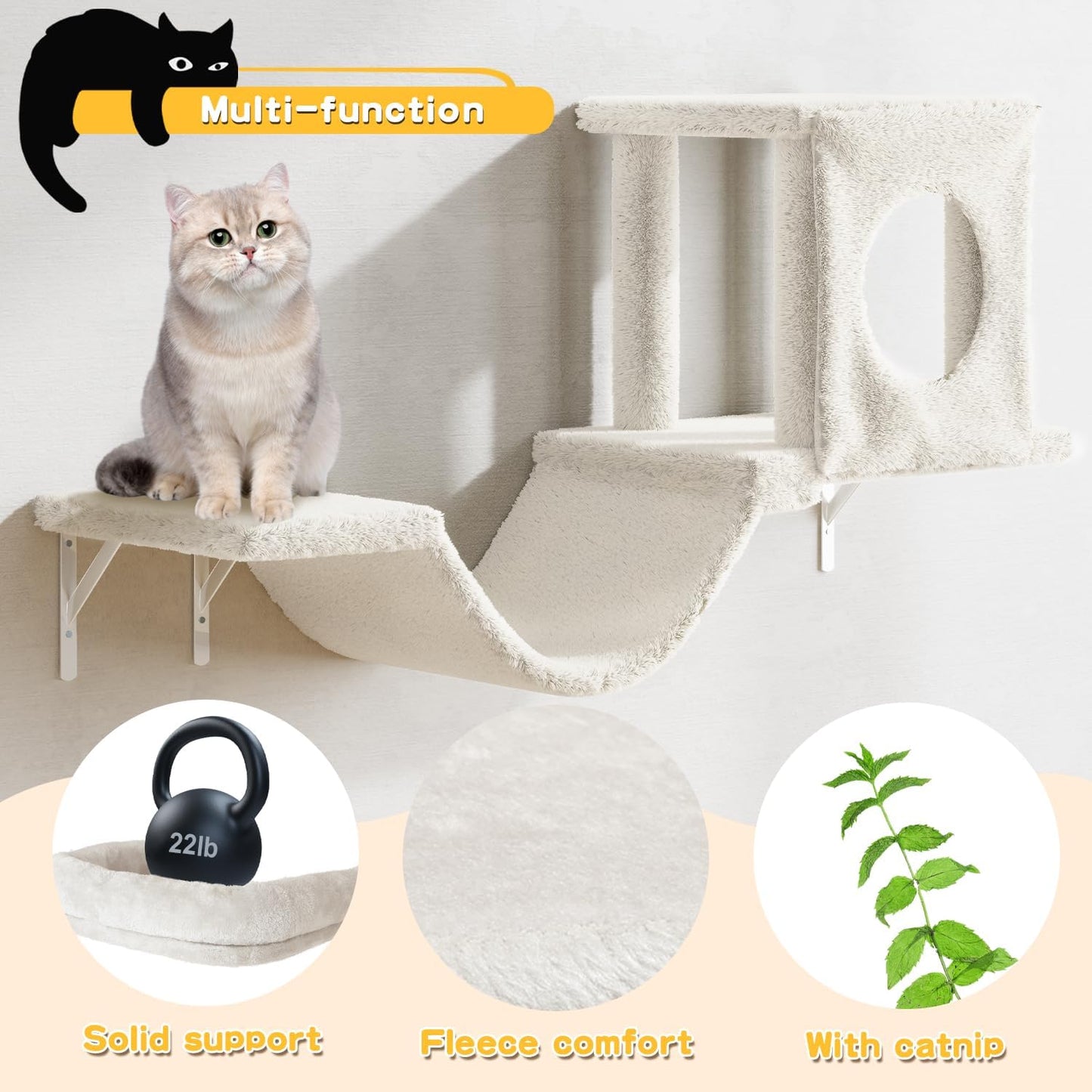 NUNU LAB Wall Mounted Cat Furniture, 6 Pcs Cat Wall Shelves with Condo House, Bridge, Steps, Scratcher, Hammock, Indoor Safe & Stable Furniture for Kittens Play, Beige