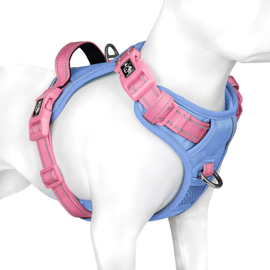 PHOEPET No Pull Dog Harness, Unique Colors Reflective Adjustable Dog Vest, with Soft Training Handle Metal Clips for Small Medium Large Dogs (Baby Blue Base & Pink Straps,S)