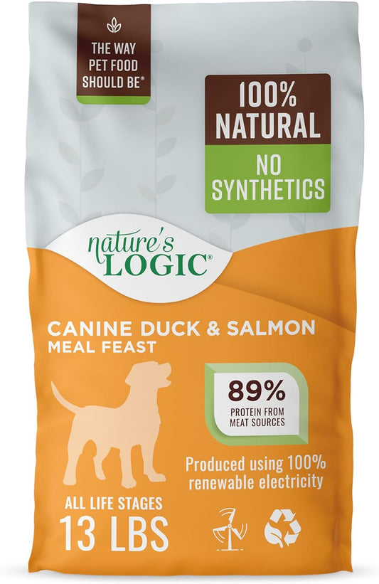 Nature's Logic Dry Dog Food - 100% Natural - No Synthetics - For All Ages, Sizes, Breeds - Free From Common Allergens, High Protein - Duck & Salmon Meal Feast, 13lbs