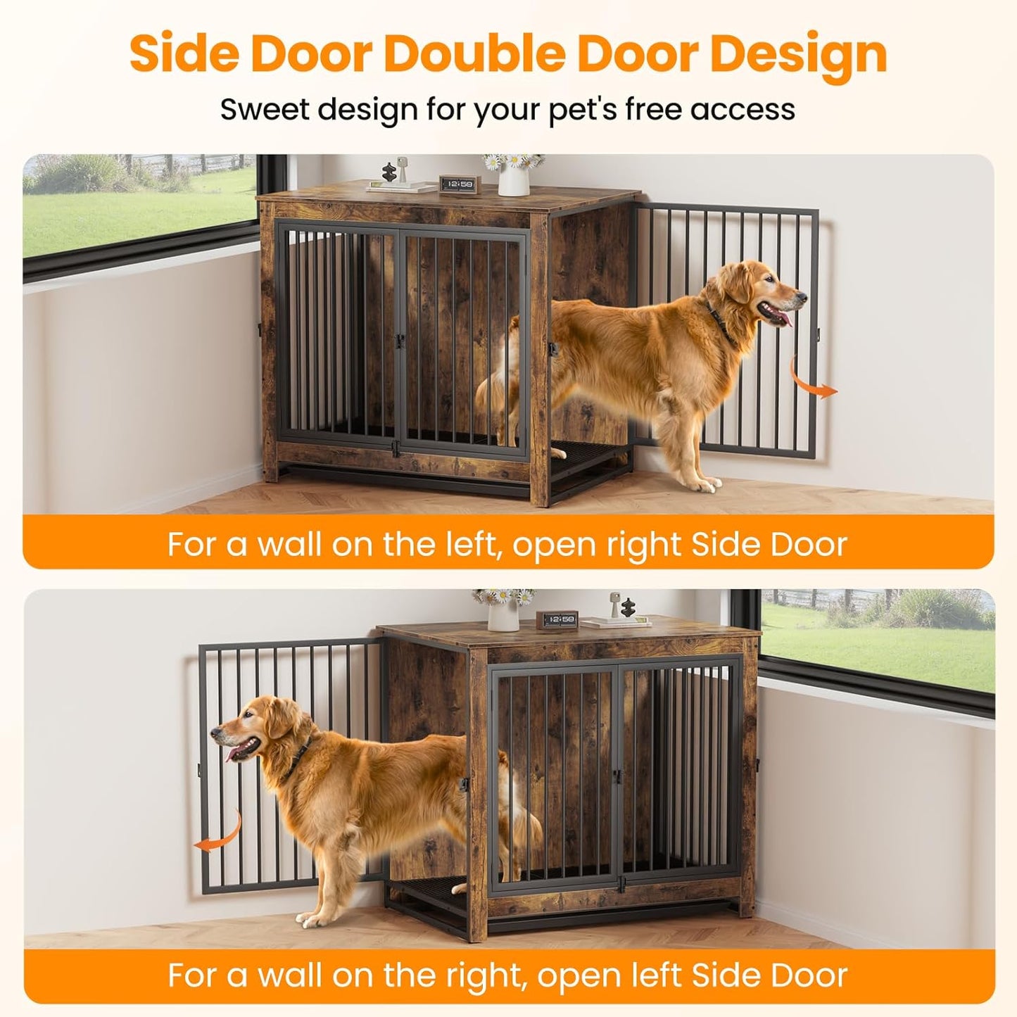 Dog Crate Furniture, Large Dog Crate Furniture, Wooden Cage Kennel Furniture Indoor, Modern Dog Crate with Multi-Purpose Removable Tray, Double-Doors Dog Furniture, Rustic Brown