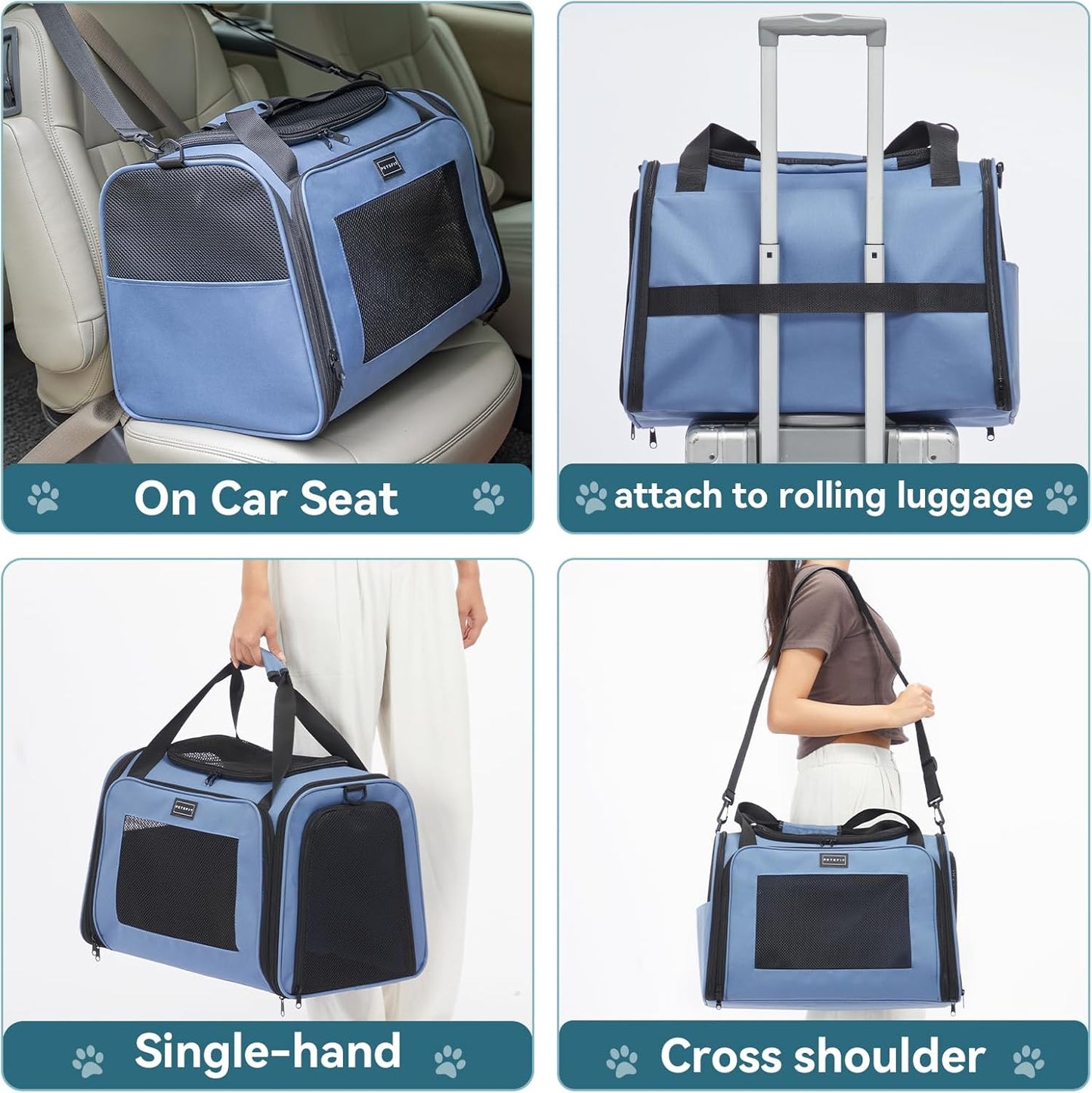 PETSFIT Dog Carrier for Small Dogs, Small Dogs Carrier Bag, Soft-Sided Pet Carrier with a Safety Leash for Pets Up to 25 Lbs (Large, Blue)