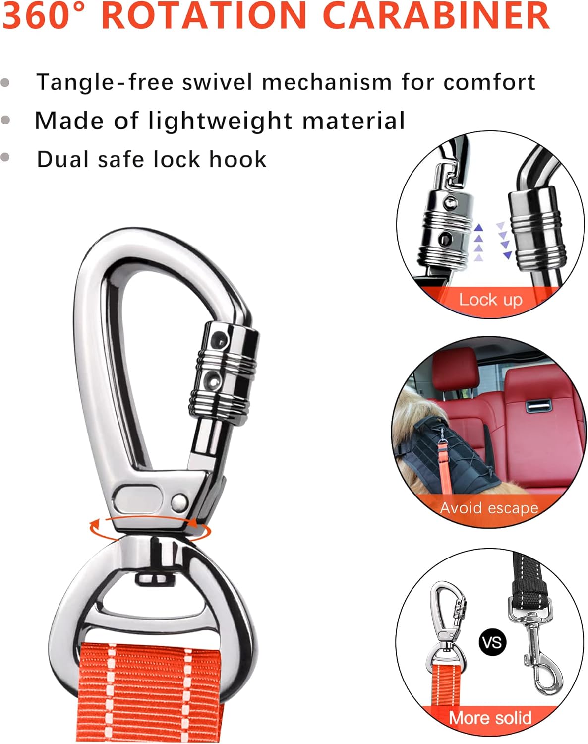 AUBELL Dog Seat Belt for Car,Updated 3-in-1 Adjustable Reflective Bungee Heavy Duty Dog Car Harness Tether with Clip Hook Latch & Buckle,Swivel Zinc Alloy Carabiner,Orange