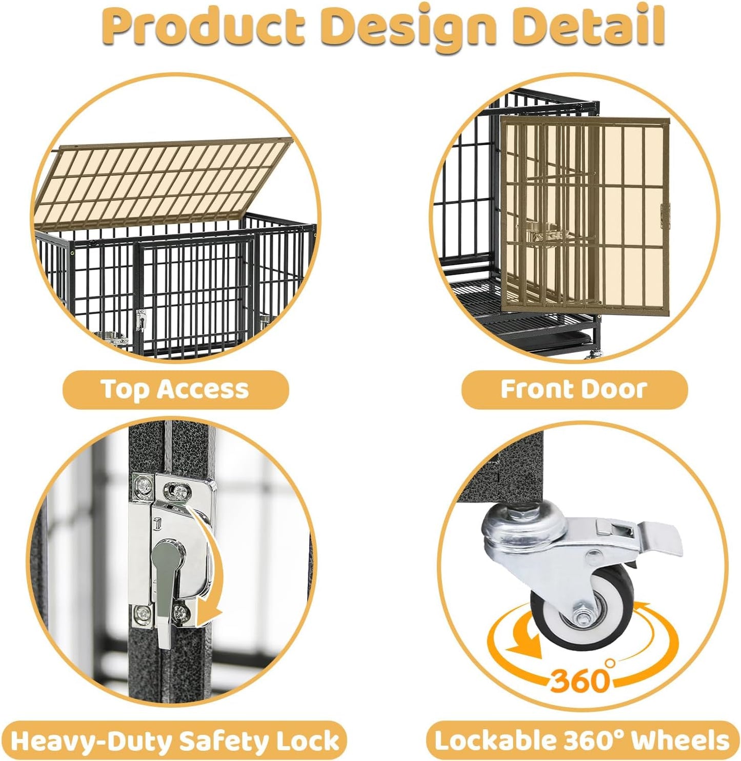36 Inch Collapsible Dog Crate, Heavy Duty Dog Cage for Small/Medium Dogs, 2-Door Dog Kennel with Top Access, Lockable Wheels, Tray & Metal Floor Grid