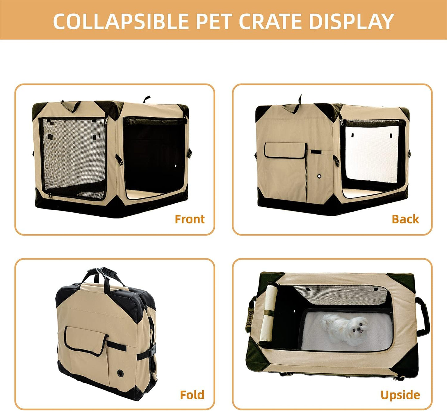 Pettycare 42 Inch Collapsible Dog Crate for Large Dogs, 4-Door Foldable Soft Kennel With Chew Proof Mesh Windows, Indoor & Outdoor Travel, Beige