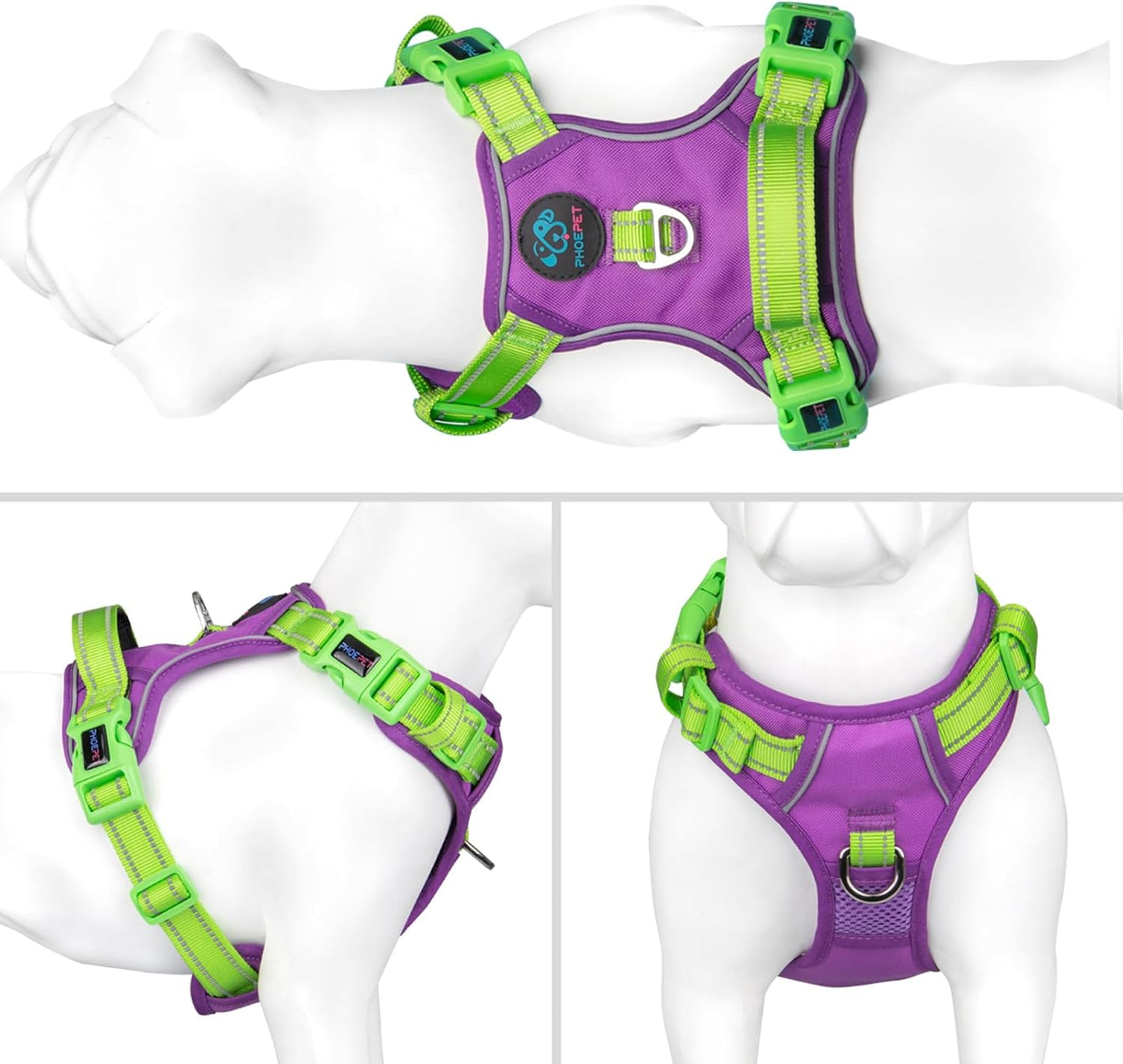 PHOEPET No Pull Dog Harness, Unique Colors Reflective Adjustable Dog Vest, with Soft Training Handle Metal Clips for Small Medium Large Dogs (Purple Base & Green Straps,L)