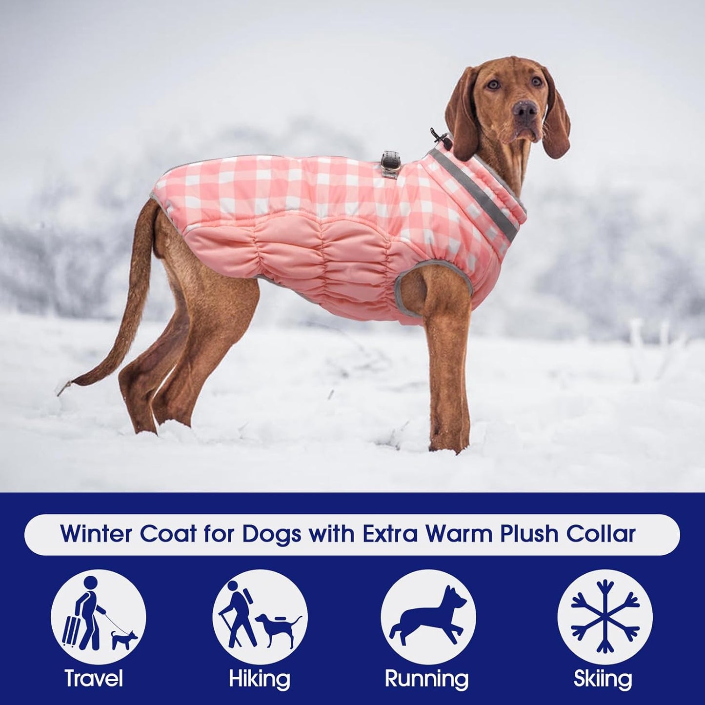 FUAMEY Dog Coat for Medium Dogs,Waterproof Dog Winter Jacket with Harness Built in Puppy Cold Weather Coats Reflective Pet Vest with Zipper Warm Fleece Dogs Snowsuit Windproof Pink Plaid M