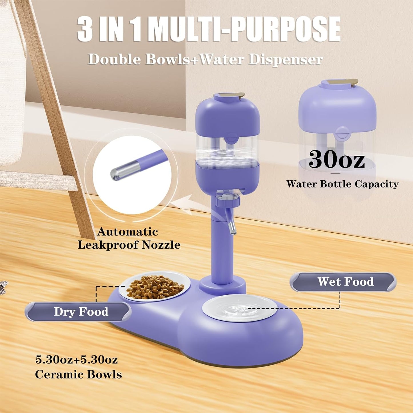 Dog Bowls with Puppy Weaning Bottles,3 in 1 Dog Bowl Set with Water Dispenser and 2 Food Grade Ceramic Bowls for Cats,Bunnies,Ferrets and Small Sized Dogs（Purple）