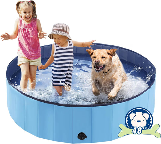 Foldable Dog Bath Swimming Pool Plastic Kiddie Pool Professional Tub Collapsible Grooming Bathtub for Pets Kids Baby and Toddler, 48 x 12 Inches Blue