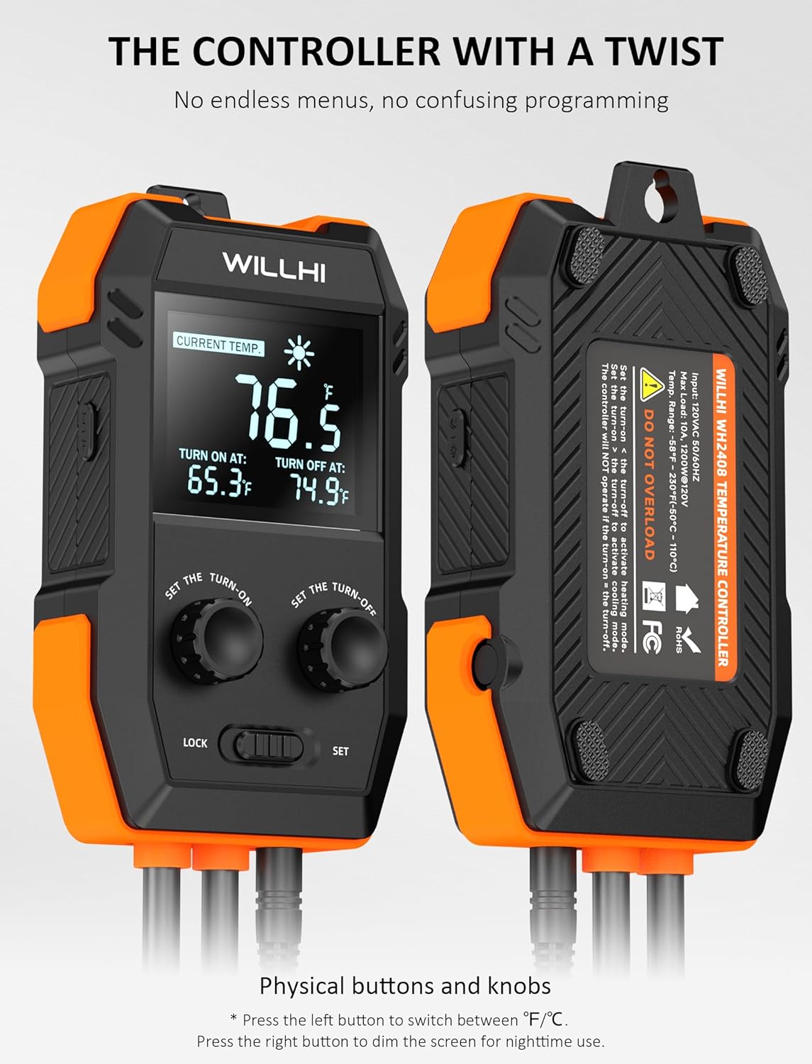 WH2408 Temperature Controller 10A 1200W, Digital Thermostat Controlled Outlet Plug Switch for Reptile Terrarium Greenhouse Homebrew Aquarium Seedling Mat, Heating or Cooling Mode Thermometer