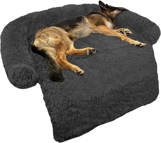 Calming Dog Bed Fluffy Plush Dog Mat for Furniture Protector with Removable Washable Cover for Large Medium Small Dogs and Cats (Large(45x37x6), Dark Grey)