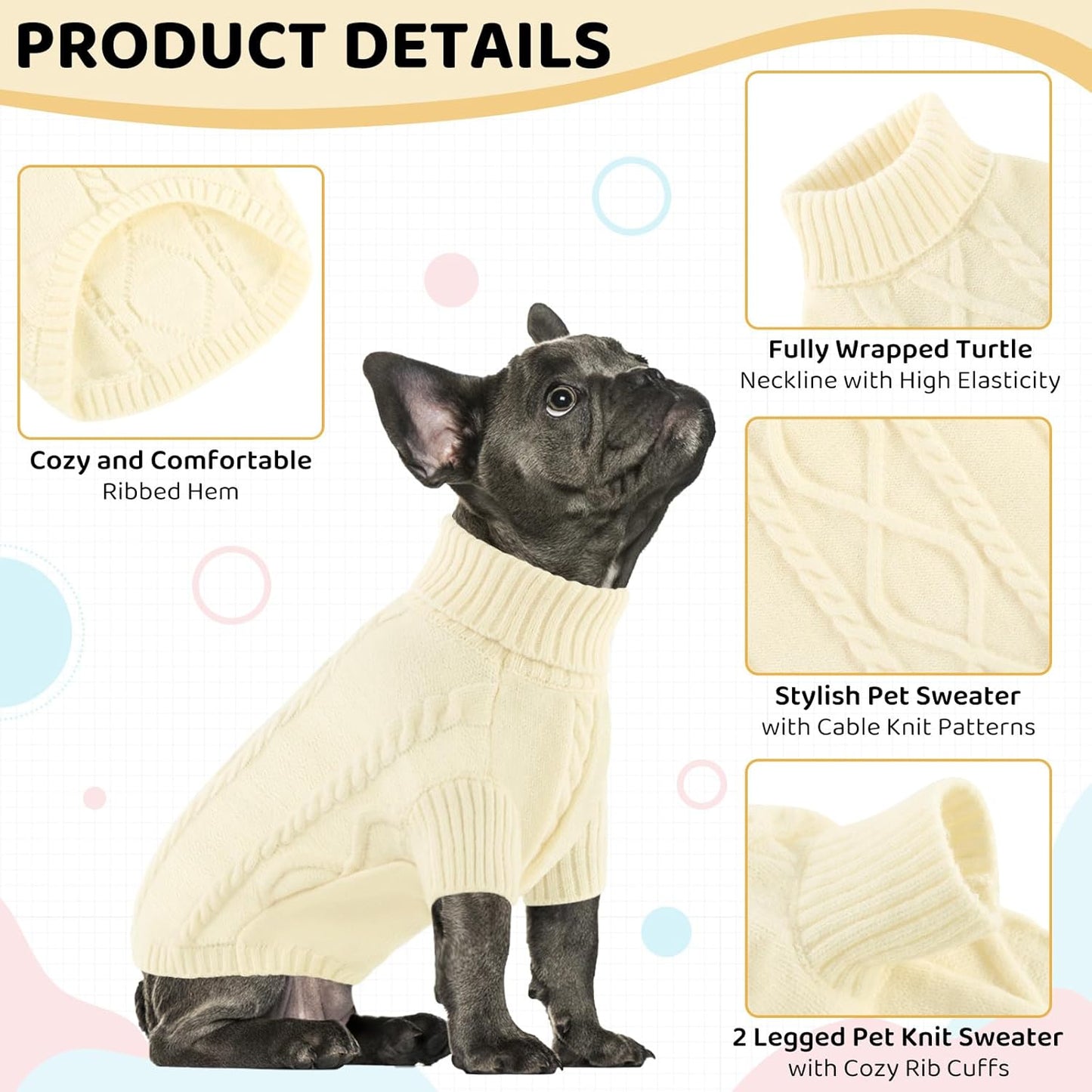 Queenmore Small Dog Pullover Sweater, Cold Weather Cable Knitwear, Classic Turtleneck Thick Warm Clothes for Chihuahua, Bulldog, Dachshund, Pug (White, Small)