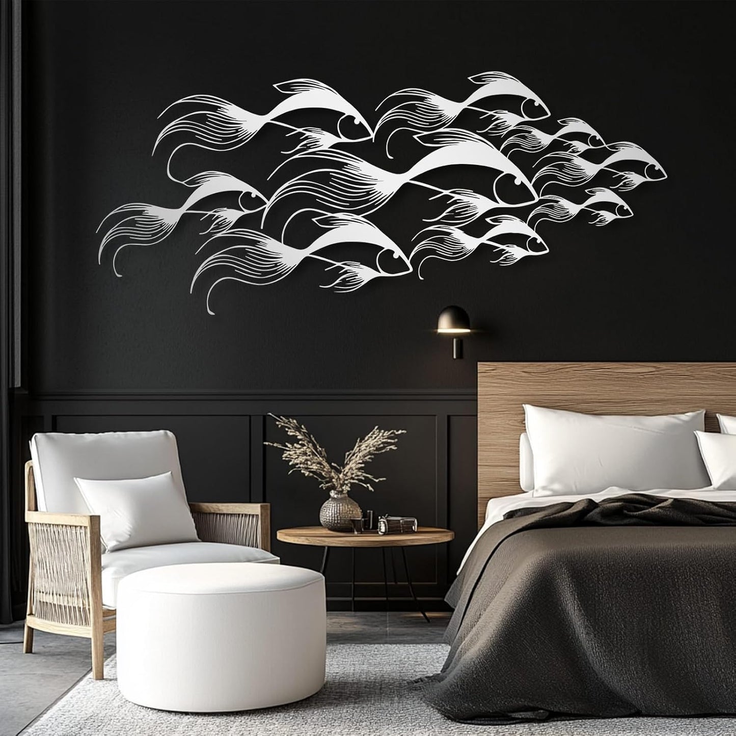 School of Fish Metal Wall Art, Metal Fish Wall Decor, Sea Life Wall Art, Large Nautical Wall Hanging, Modern Beach House Wall Decor, Ocean Themed Artwork for Bathroom (Silver, 53"x22" | 135x57cm)