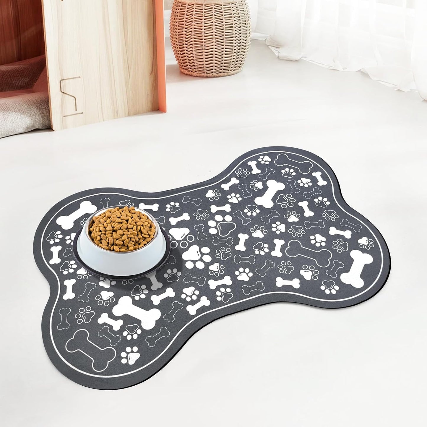 Dog & Cat Food Mat Bone Shaped Pet Feeding Mat Quick Absorb Water Bowl Placemat with Rubber Backing Indoor Floor Stain Resistant Pet Accessory Supplies (Dark Gray, 16x24 Inches)