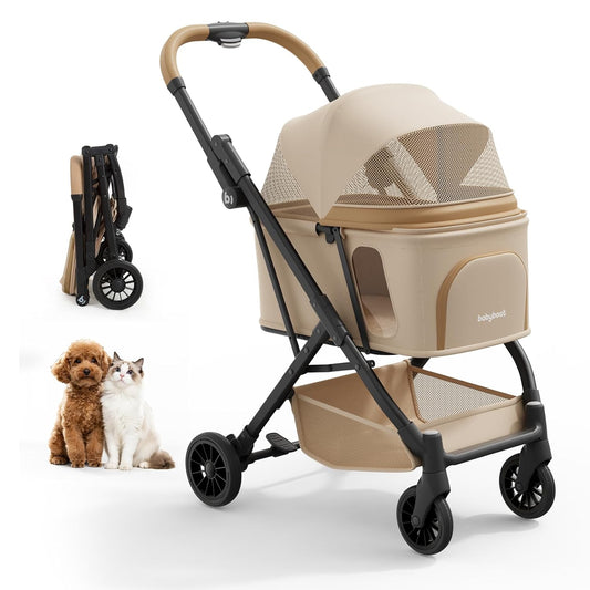 Lightweight Dog Stroller Portable Compact Folded Pet Stroller for Small/Medium Dogs & Cats Up to 35lbs One Click Folding Large Cat Carriage with Adjustable Canopy Storage Basket- Khaki