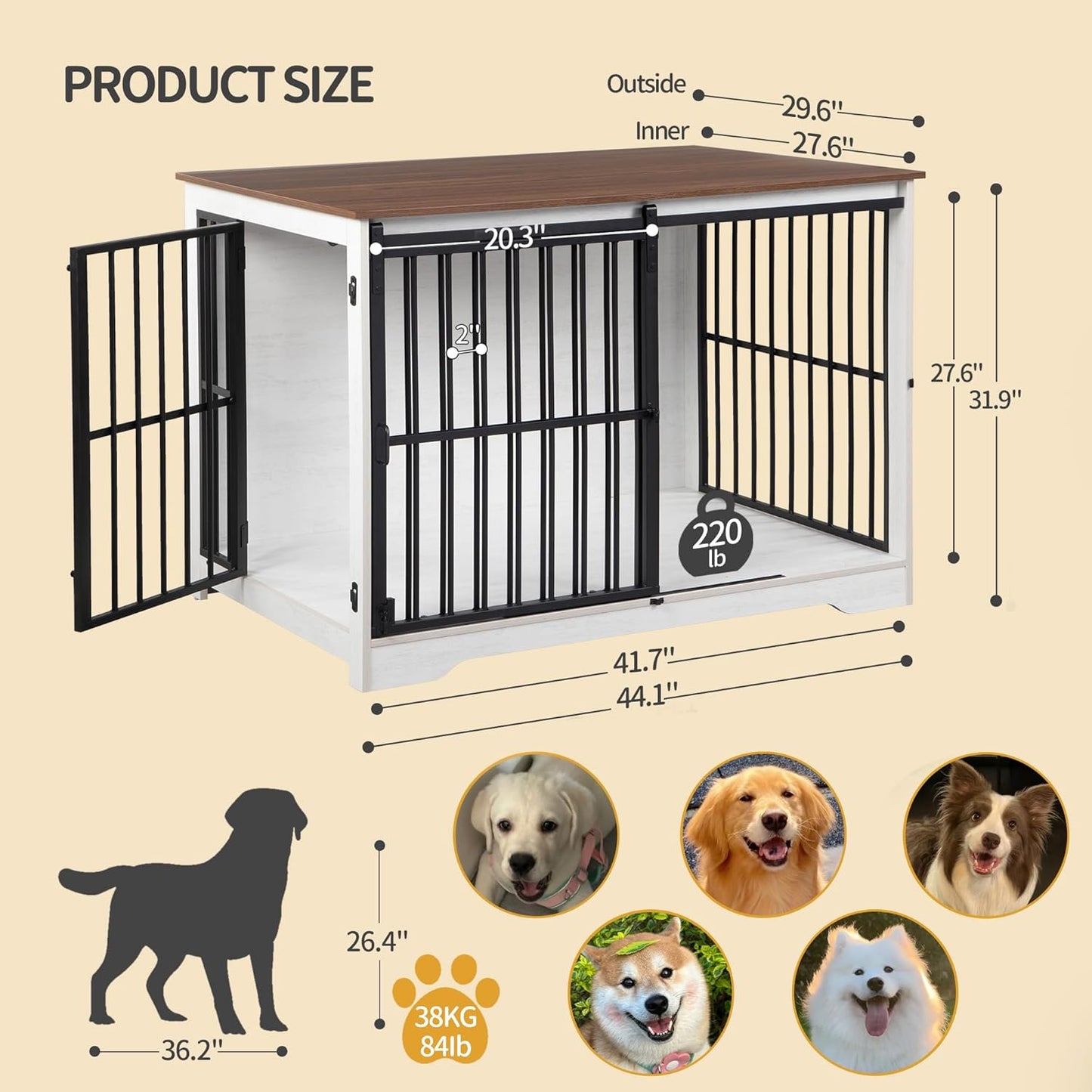 XL Large Dog Crate Furniture, 44.1" Indoor Dog Kennel Furniture with Barn Door, Wooden Tall Dog Crate, Heavy Duty Dog Cage for Large Dogs, Side End Table, Anti-Chew, White Brown DFC80114B