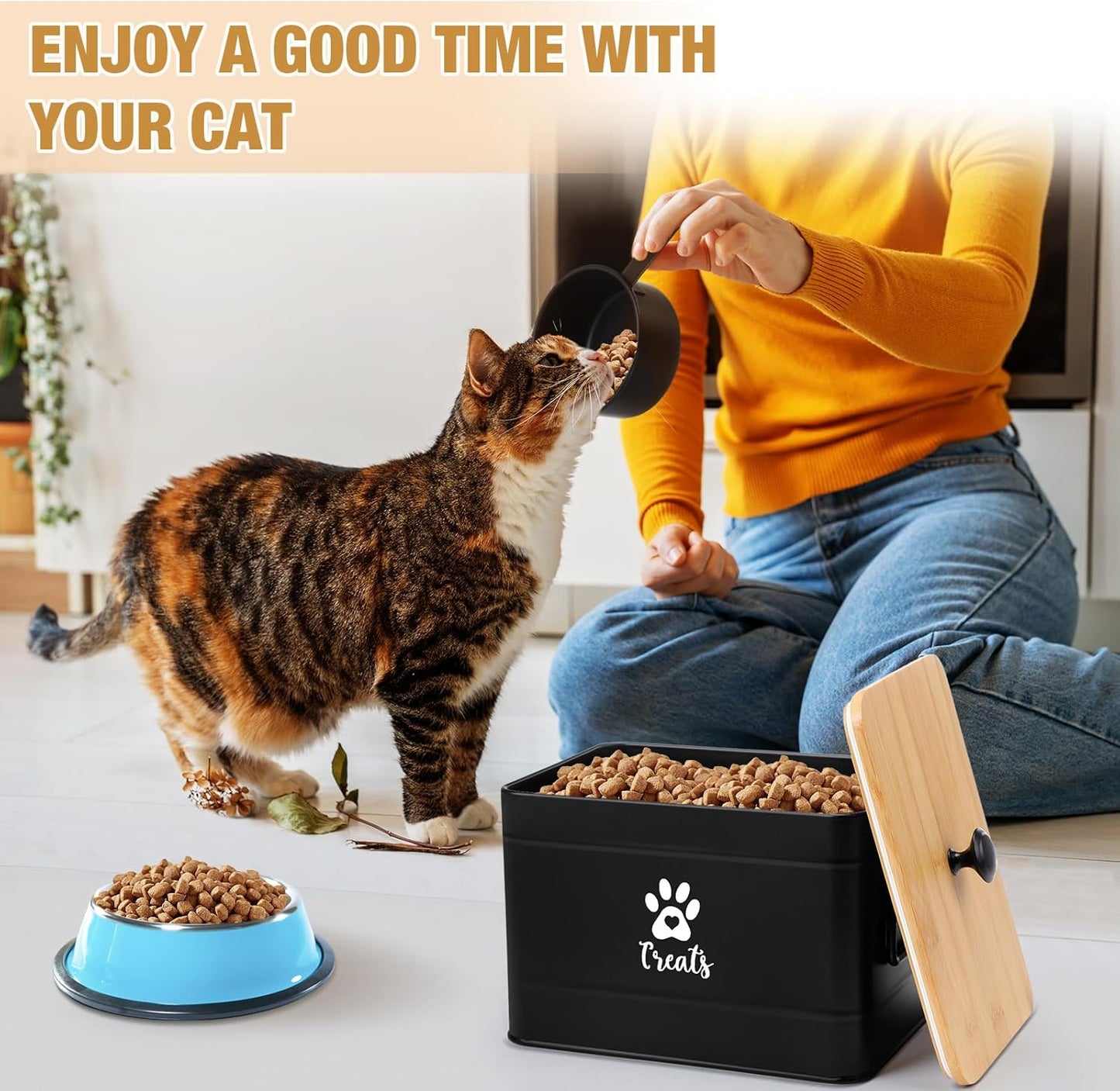 Extra Large Metal Cat Food Containers Airtight 12+3.5 lbs Cat Treat Snack Jars Set of 2 with Bamboo Lids and Spoons Farmhouse Big Pet Cookie Storage Jars for Kitchen Counter Gifts(Black)