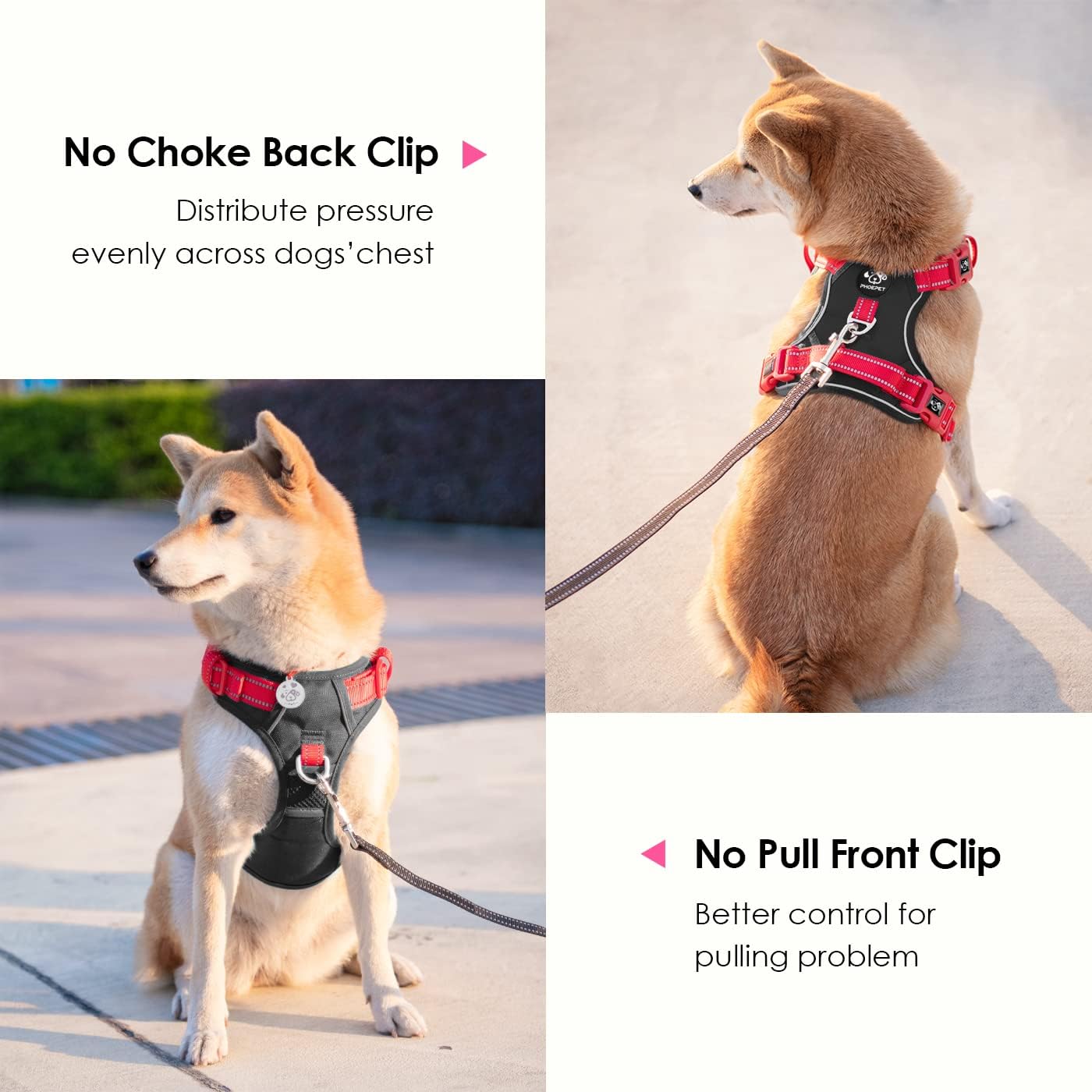 PHOEPET No Pull Dog Harness, Unique Colors Reflective Adjustable Dog Vest, with Soft Training Handle Metal Clips for Small Medium Large Dogs (Black Base & Red Straps,S)