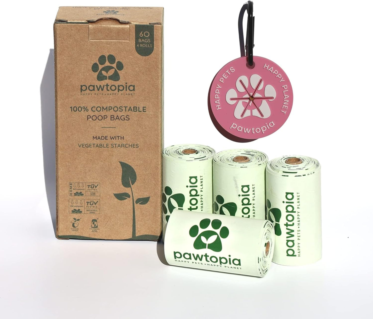 Certified Home Compostable Dog Poop Bags (60) + Pink Poop Bag Carrier, Biodegradable Poop Bags, Cat Litter, Vegetable Starches, Leakproof Dog Waste Bags, Easy to Open