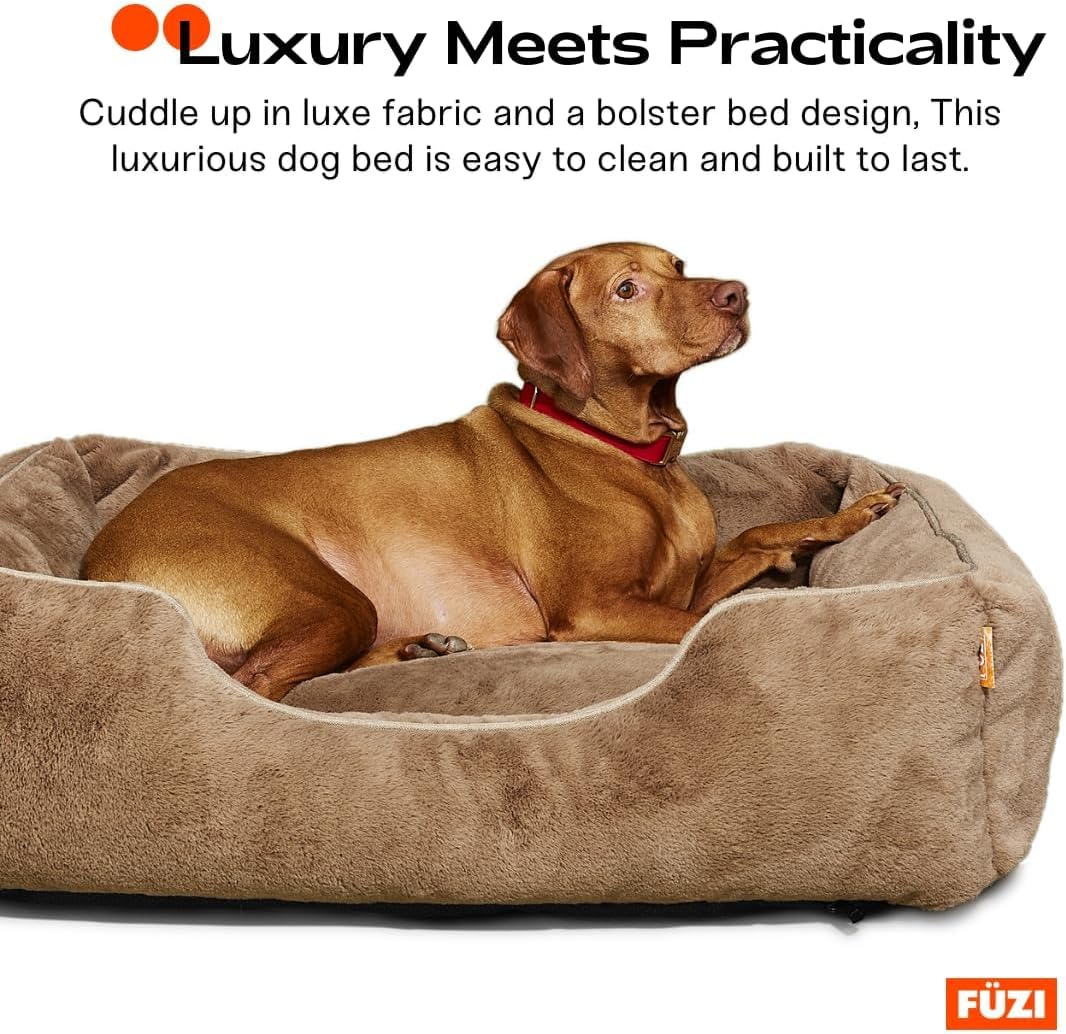 FUZI Luxury Aesthetic Dog Bed with Extra Cover for Large Dogs, Washable Pet Couch, Pet Bed with Sides, Non-Slip Bottom, Soft and Durable Calming Dog Bed, Faux Rabbit Fur, Large 35.6x28.5x9.5 Dark Grey