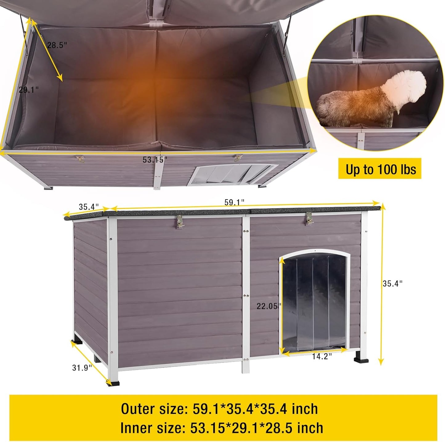 Aivituvin Large Dog House with Insulated Liner for Outdoor, Waterproof Outsides Heated Dog Kennel for Small Medium Large Dog with All-Around Iron Frame