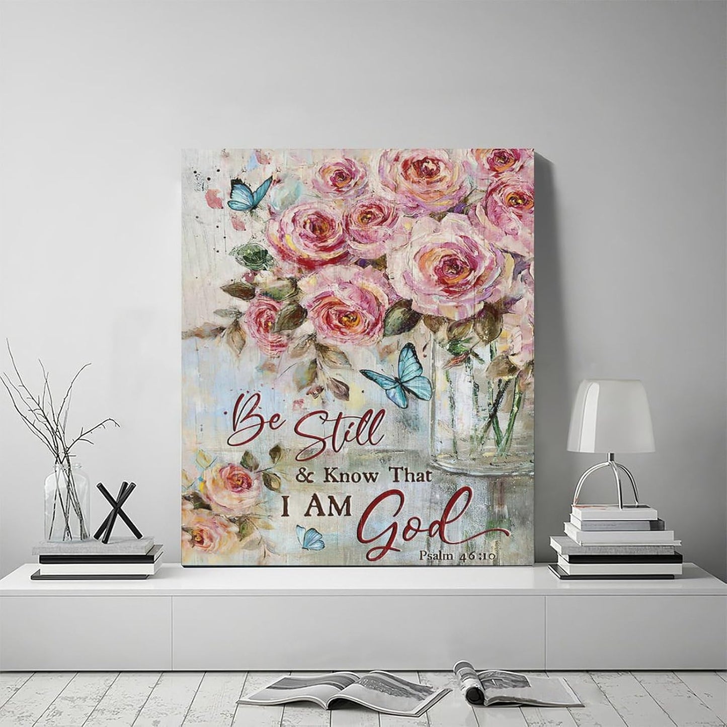 Farmhouse Rose Wall Art Christian Scripture Pictures Pink Rose Wall Decor Rustic Floral Butterfly Canvas Print Painting Artwork for Bathroom Living Room Bedroom 20"x24"