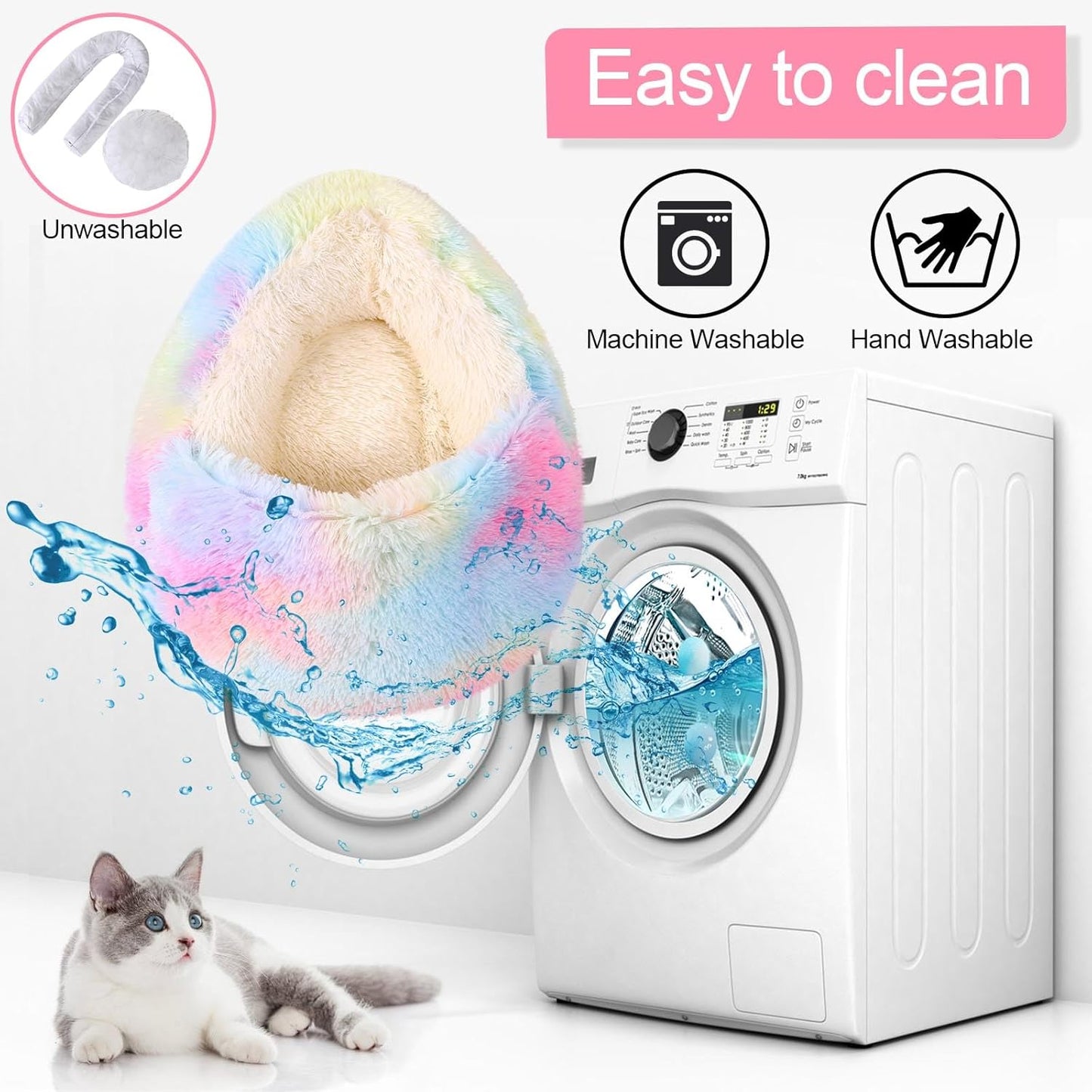 Calming Dog Beds & Cat Cave Bed with Hooded Cover,Removable Washable Round Beds for Small Medium Pets,Anti-Slip Faux Fur Fluffy Coved Bed for Improved Sleep,Fits up to 15/25 lbs(Colorful,S)