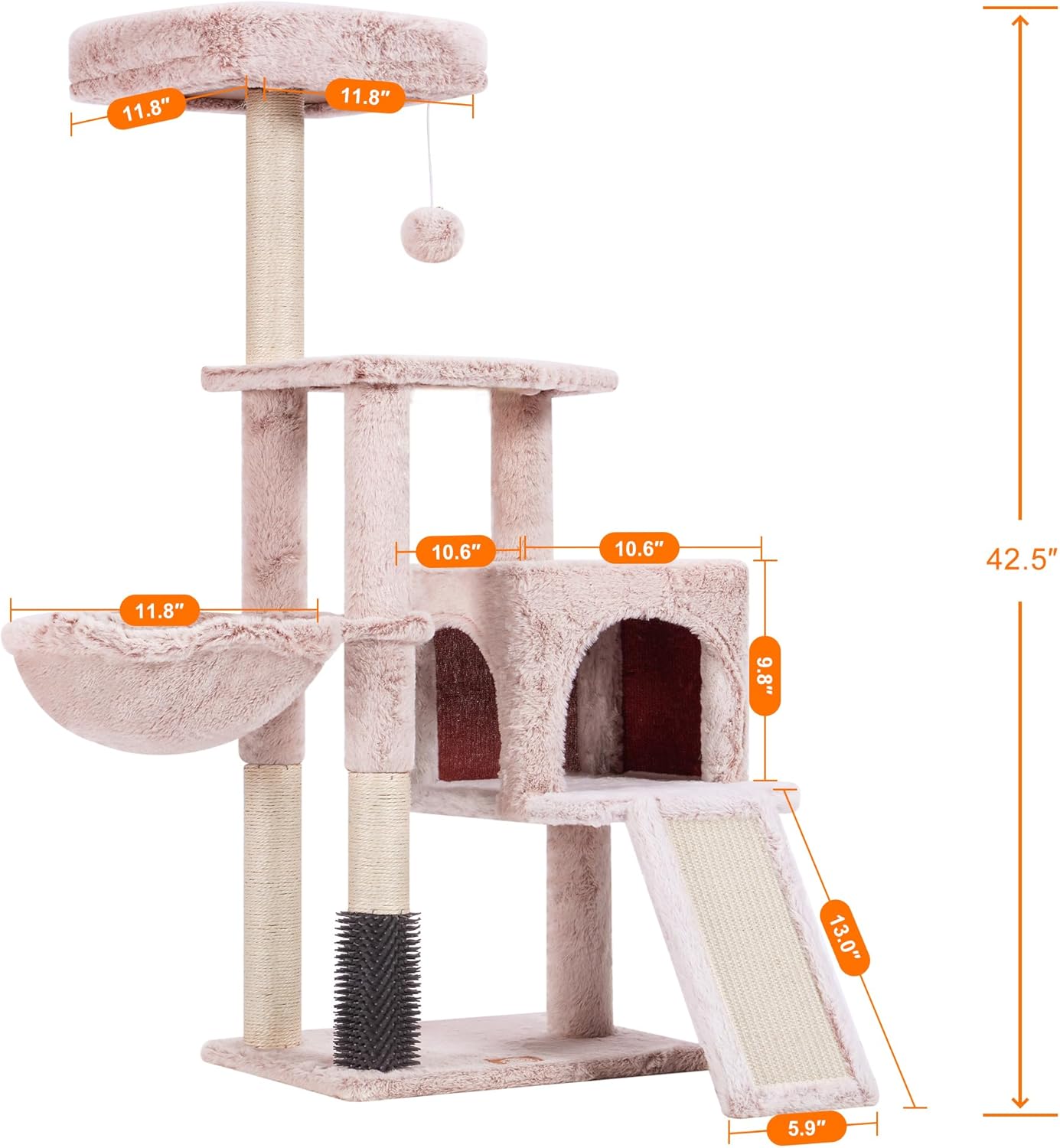 Heybly Cat Tree with Cat Self Groomer Brush, Cat Tower Condo for Indoor Cats with Padded Plush Perch, Cat House with Basket Scratching Board Post, Muchroom HCT005SMU
