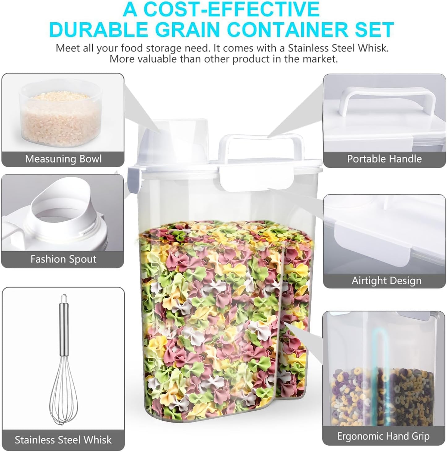 Rice Airtight Dry Food Storage Containers 10Lbs, BPA Free Plastic Storage Bin Dispenser with Pourable Spout, Portable Handle, Kitchen Pantry Organization for Cereal, Flour and Baking Supplies
