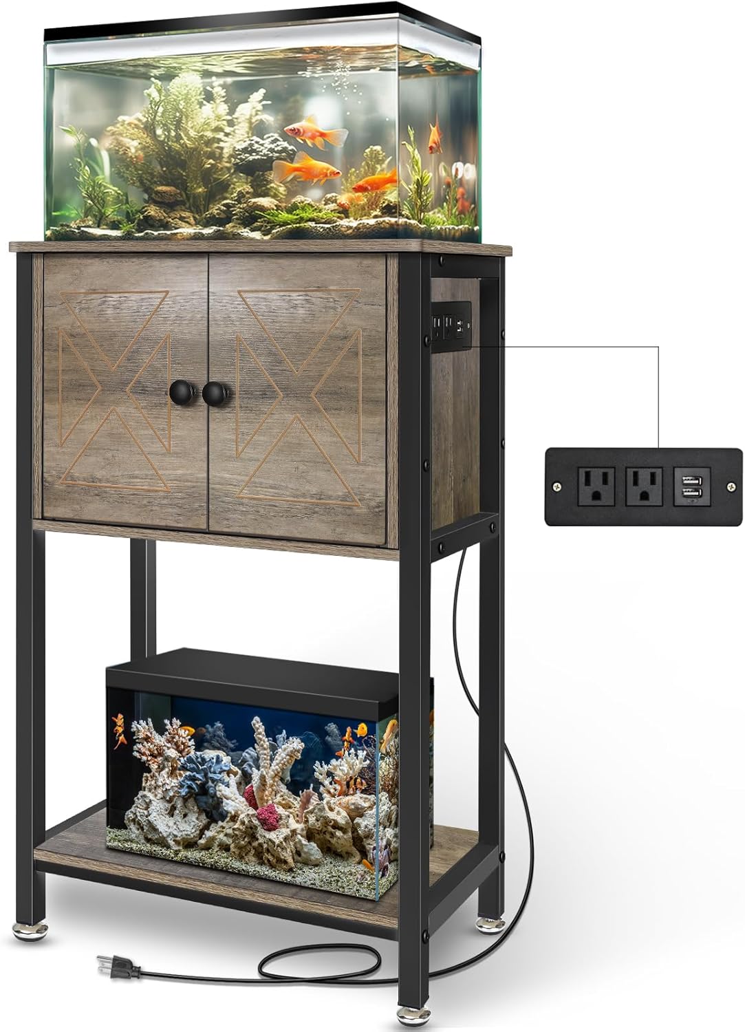 5-10 Gallon Fish Tank Stand, Heavy Duty Aquarium Stand with Cabinet & Power Outlets for Fish Tank Accessories Storage, Double Tank Stand 20.5" L* 11" W Tabletop, 220LBS Capacity, Grey