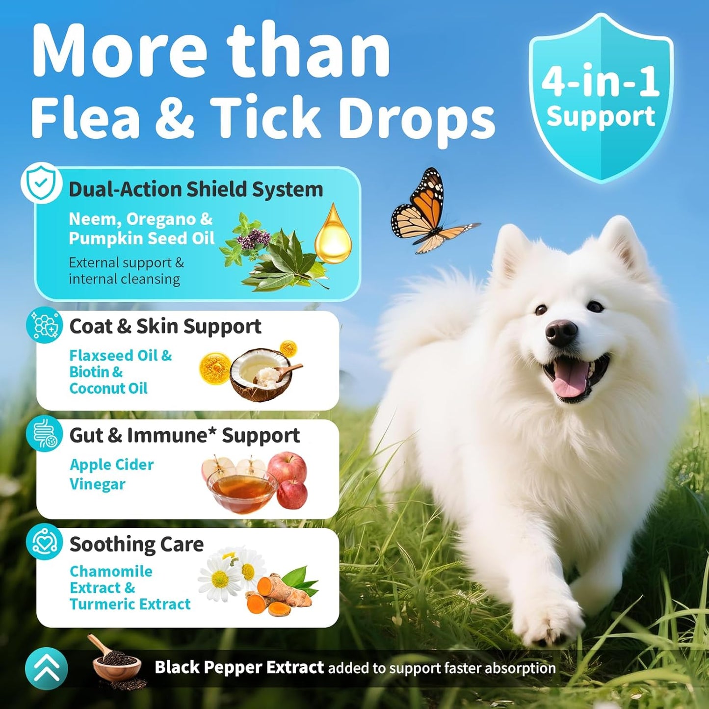 Flea & Tick Drops for Dogs – Natural Prevention with Neem, Oregano – Oral Flea &Tick Support, Long-Lasting Liquid Treatment with Skin Care for Puppy All Breeds & Sizes, Chicken Flavor, 2 FL Oz