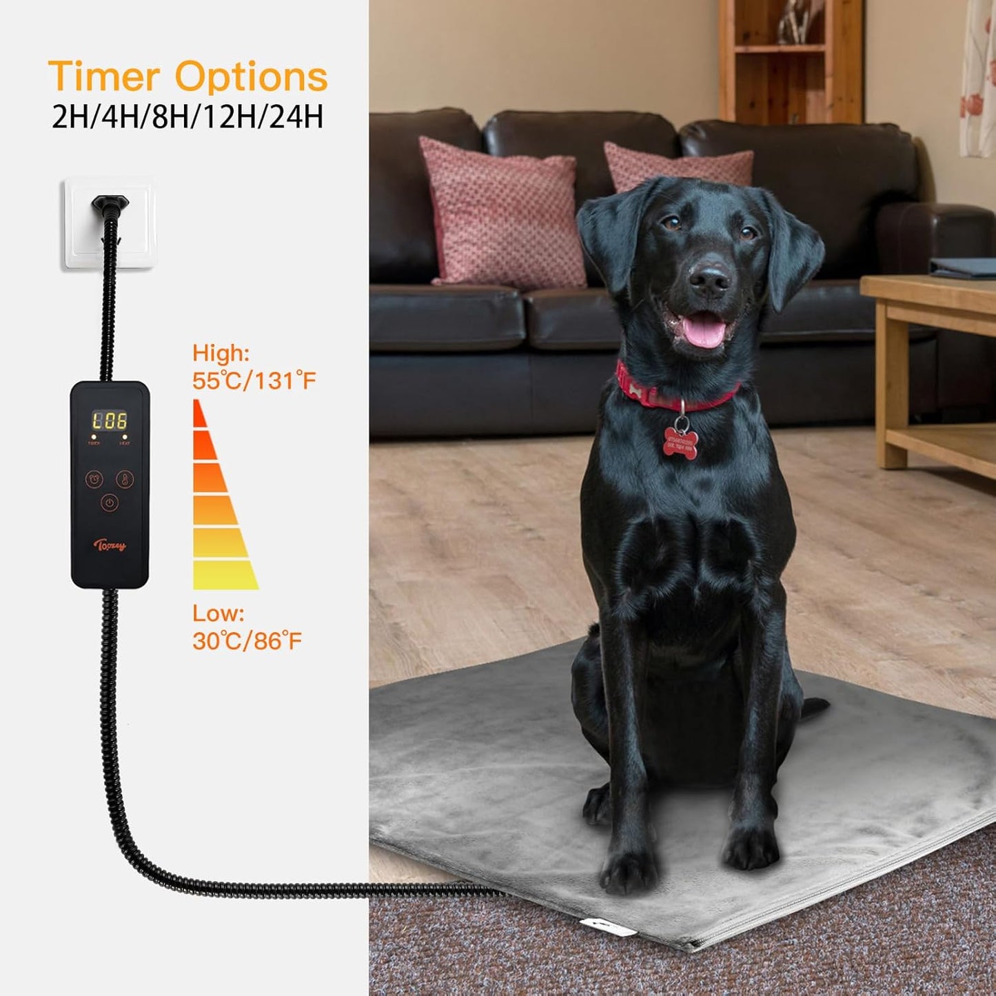 Toozey Large Heated Pet Mat 35x24 in - Waterproof, Chew Resistant, 6 Temp Settings with Timer, Indoor Use for Dogs and Cats